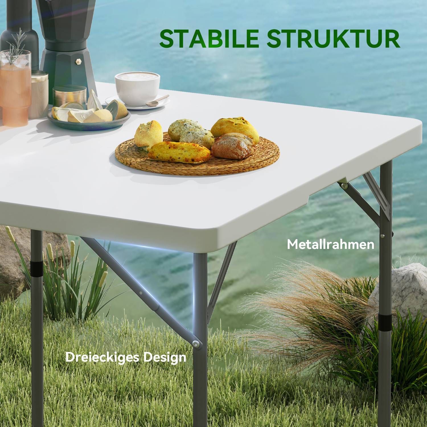 Justerbart hopfällbart picknickbord, plast & metall, vit