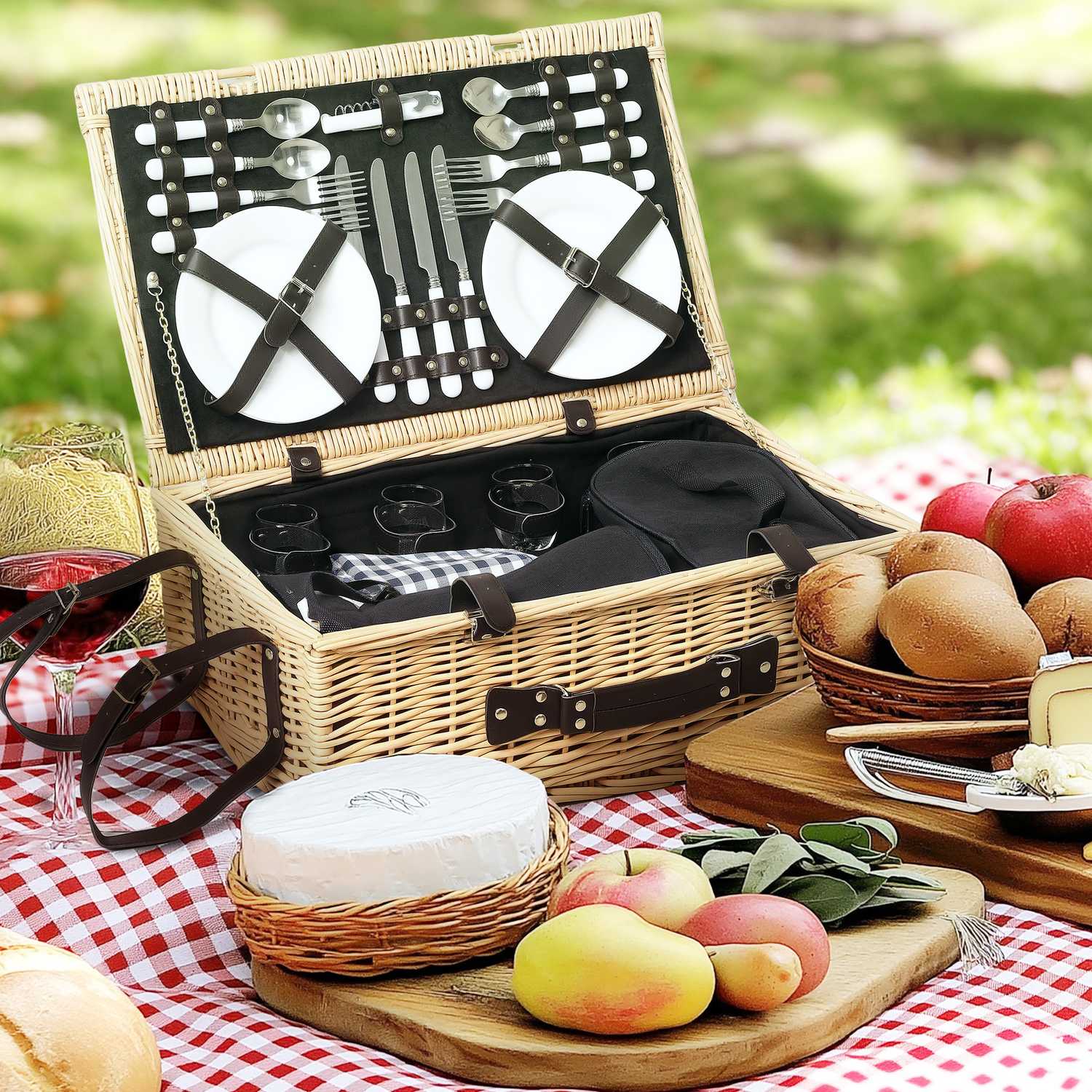 Willow Wood Picknick Korg Set för 4 med kylare och filt