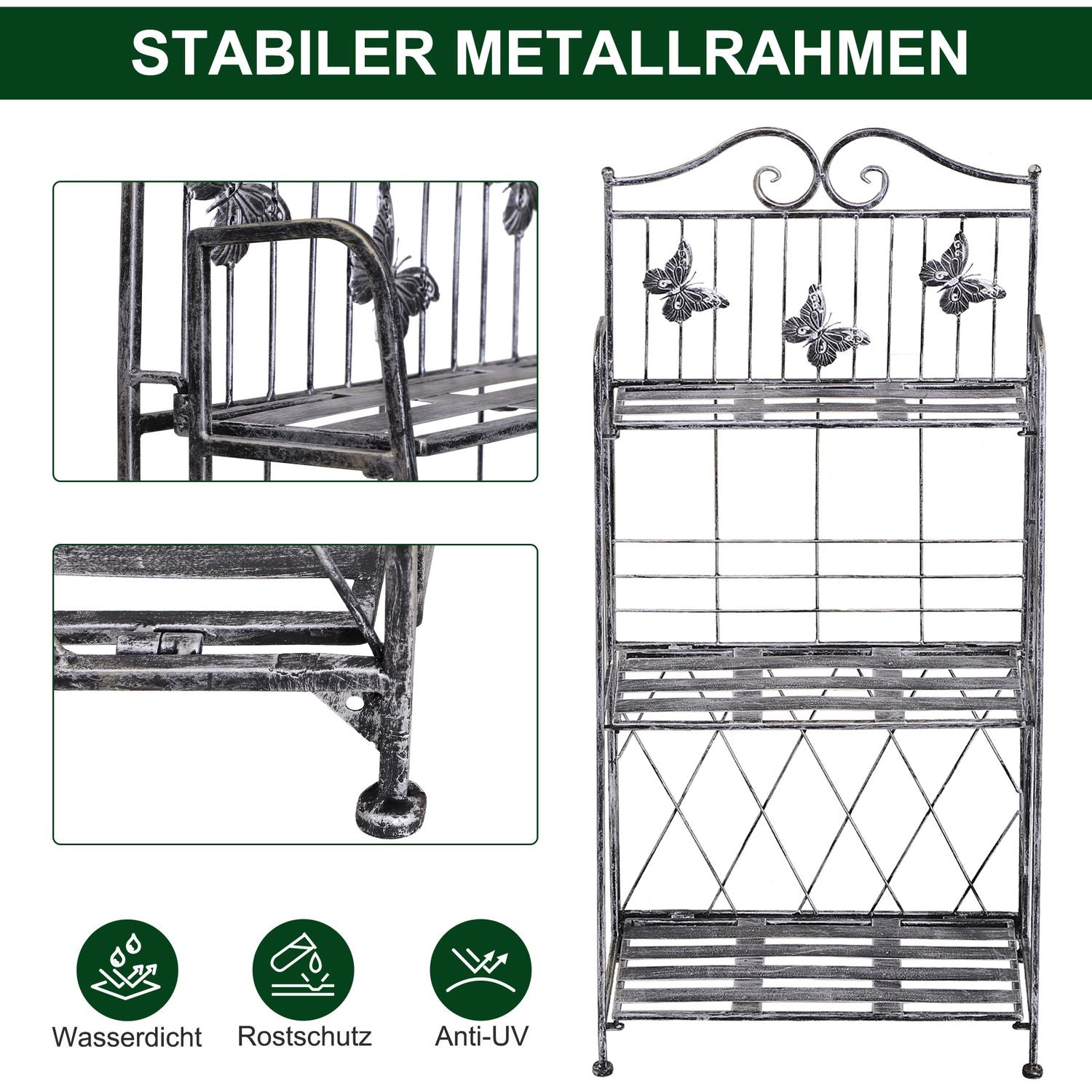 Växtställ i metall i 3 våningar - Blomsterställ för trädgård, Silvergrå