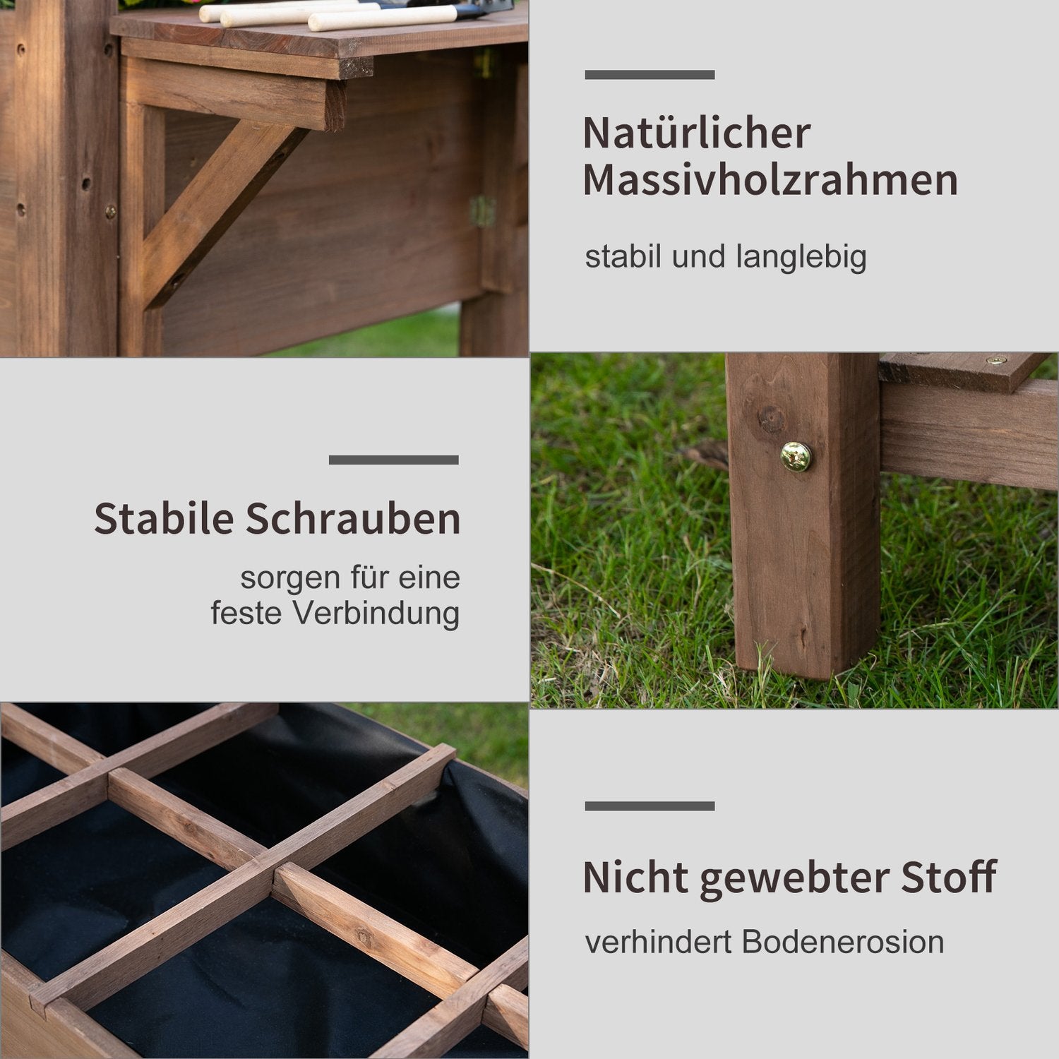 Planteringslåda för upphöjd säng, 8 galler och hylla, massivt trä 123x54x74cm