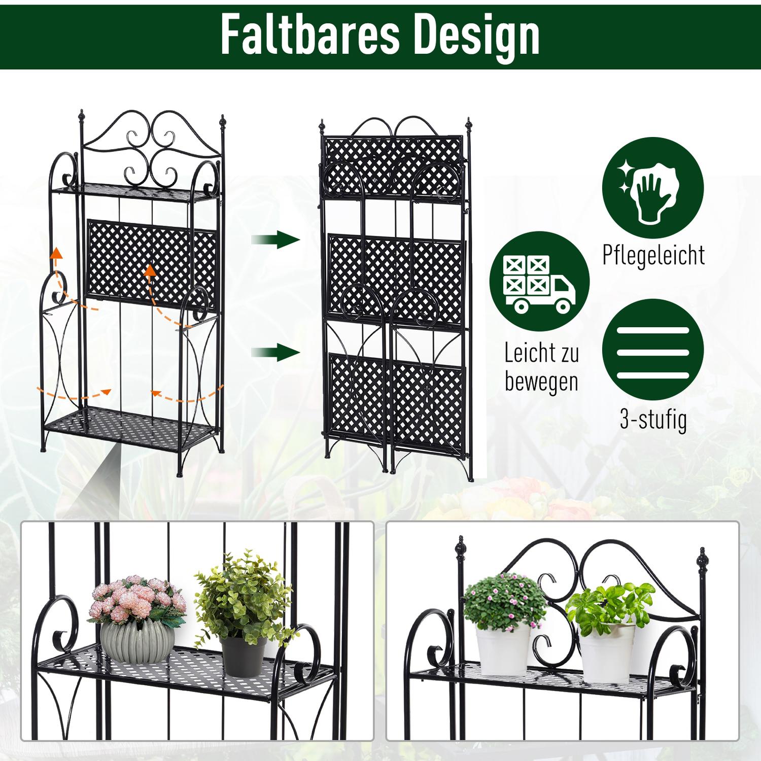 Planthylla i svart metall med 3 våningar – 56x30x114 Cm