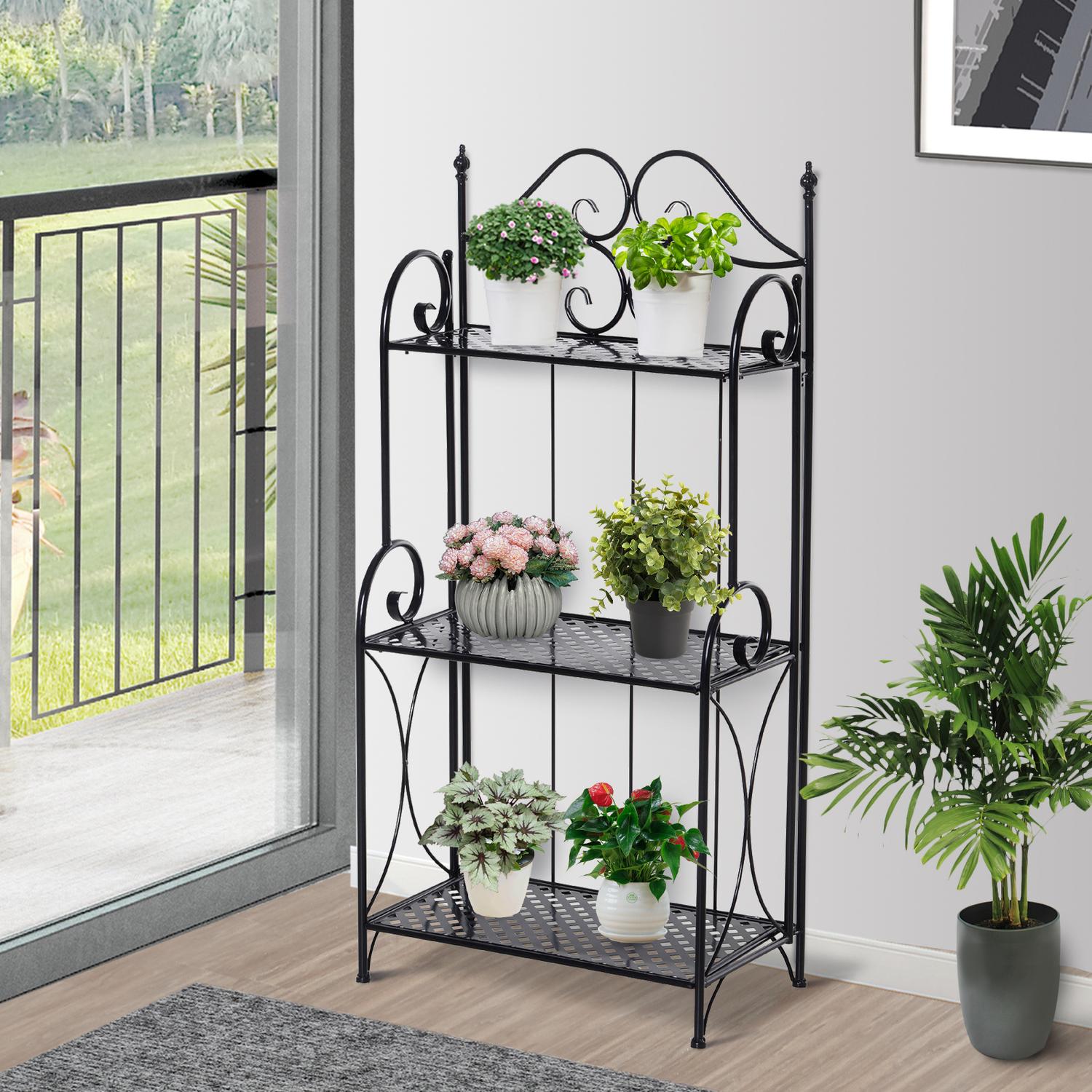 Planthylla i svart metall med 3 våningar – 56x30x114 Cm