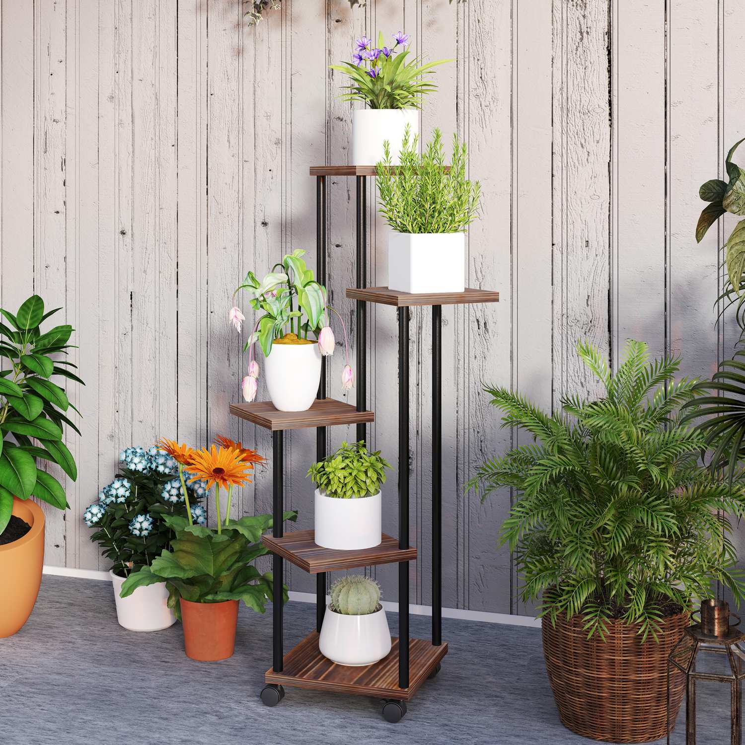 Plantställ i 5-våningar stål med hjul för inomhus- och utomhusbruk