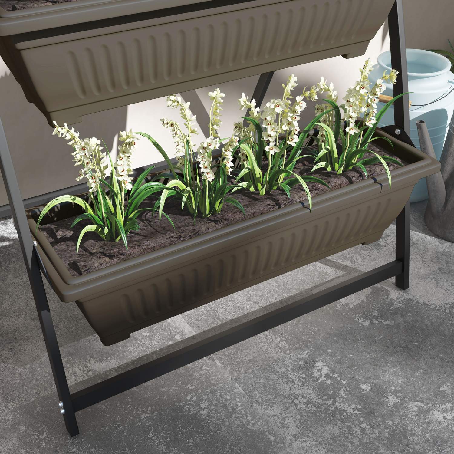 Plantställ i stål i 4 våningar, brunt, med hål för trädgården