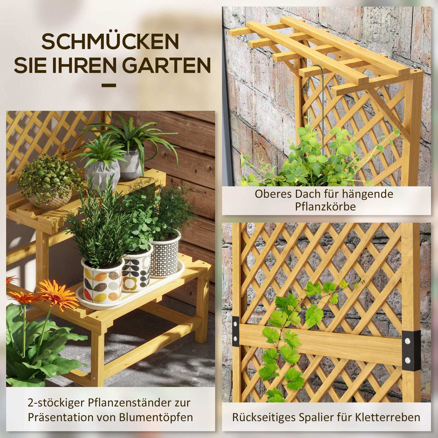 Plantställ i två plan, spaljédesign för trädgård, 60x50x166 cm