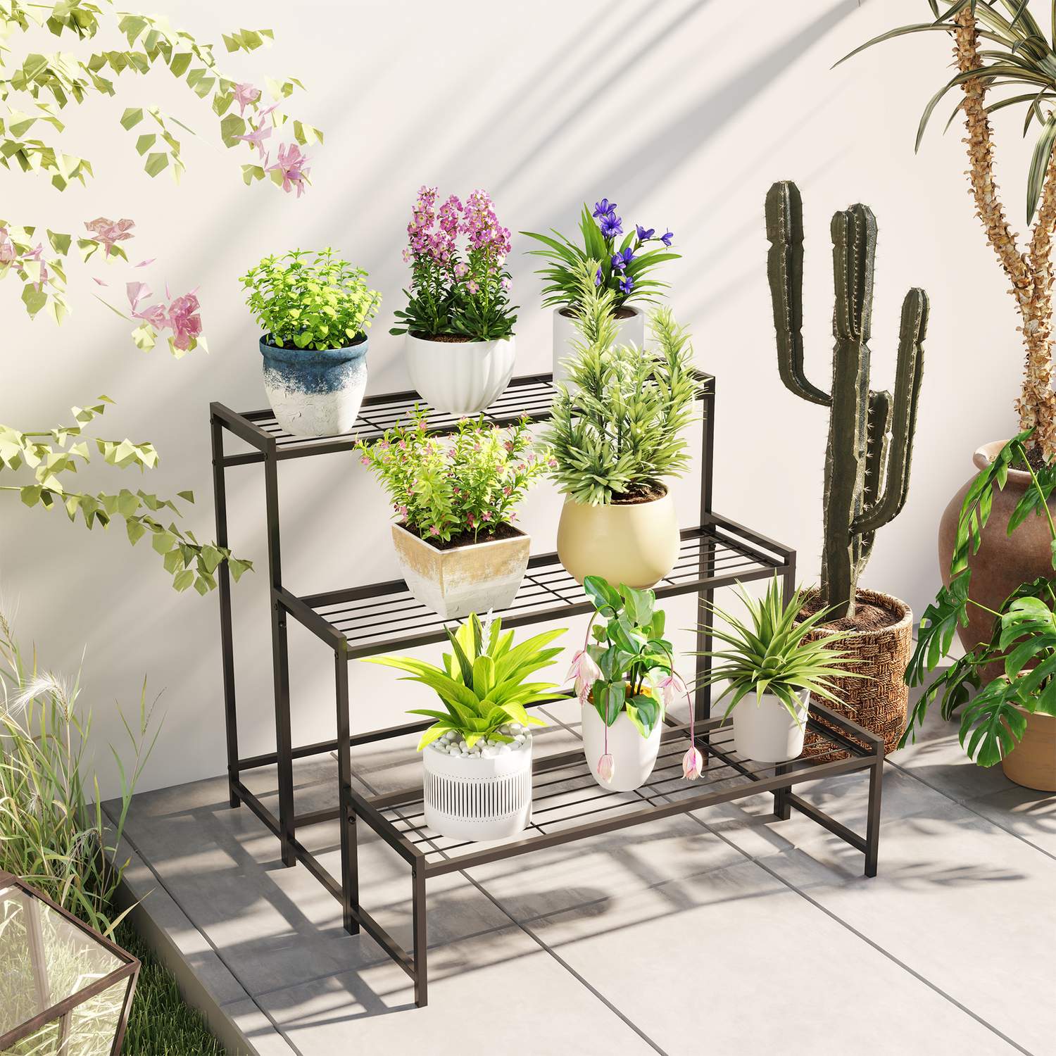 Plantställning i metall – 3-vånings blomsterhylla inomhus/utomhus, 66 cm