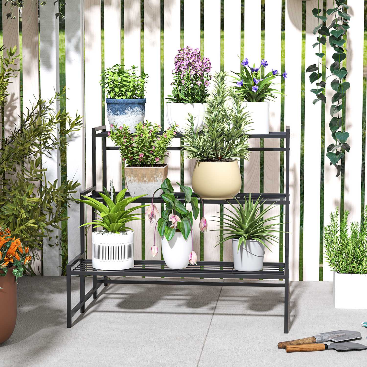Plantställning i metall – 3-vånings blomsterhylla inomhus/utomhus, 66 cm