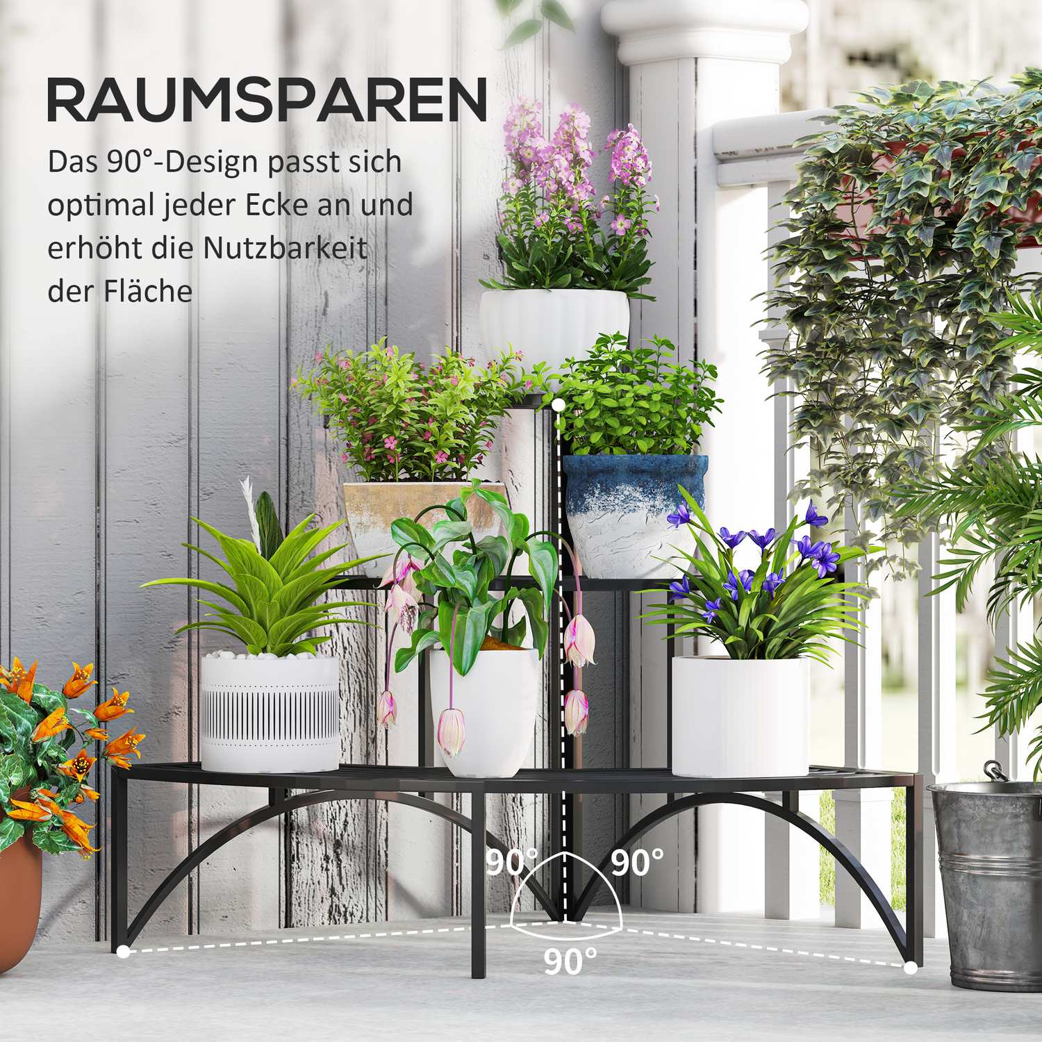 Plantställning i tre nivåer i metall för inomhusbruk utomhus, 60 cm hög