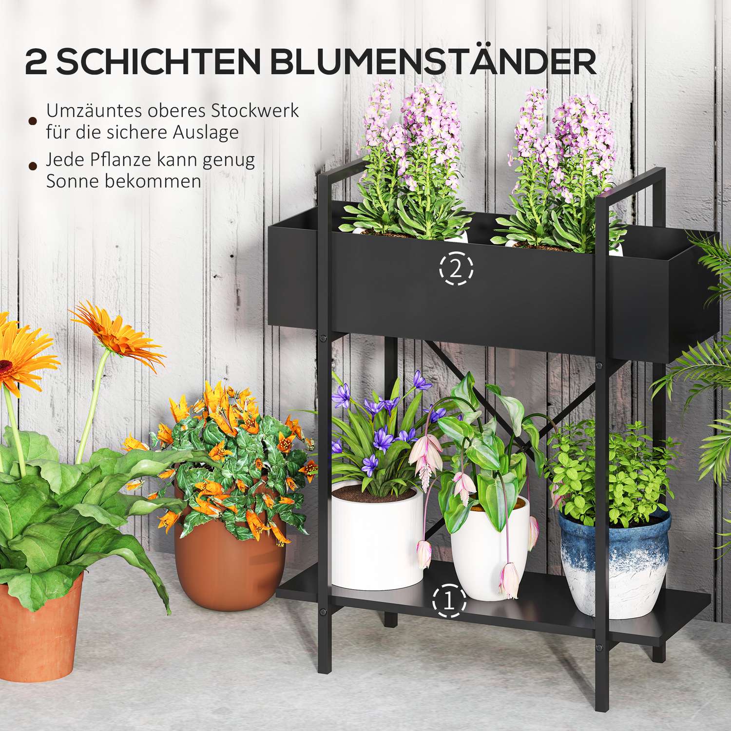 Plantställning i två plan i metall – inomhus/utomhus 70 cm hög