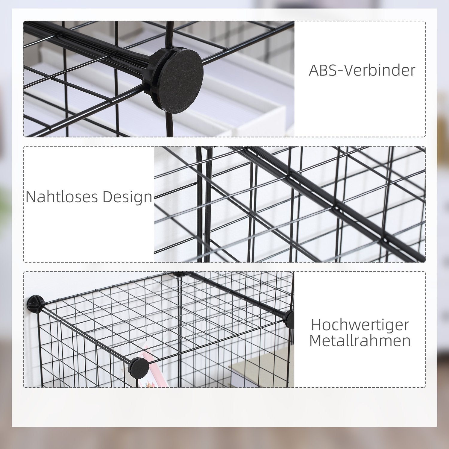 Modulär trådförvaringshylla – 6 kuber, svart, 109 x 37 x 109 cm