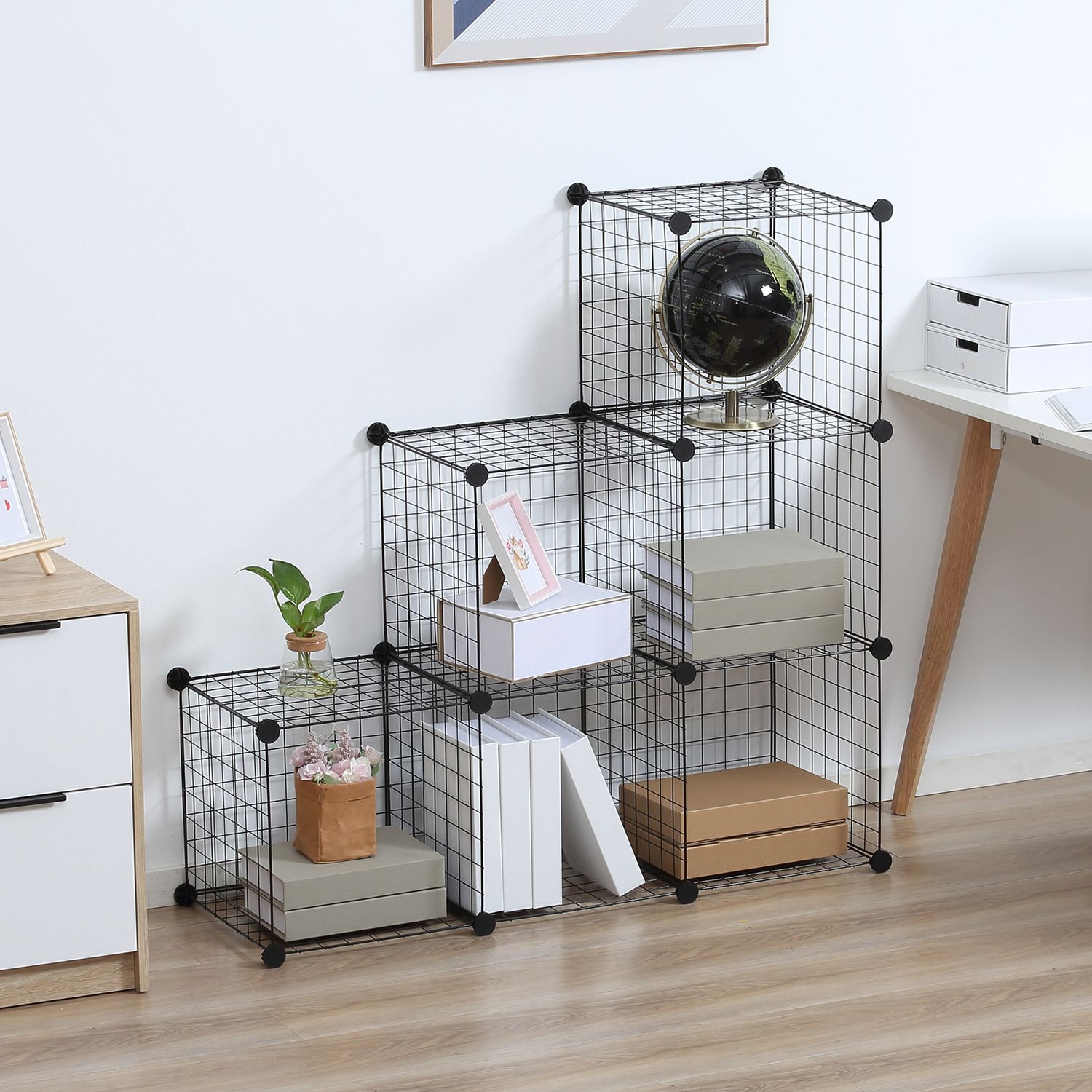 Modulär trådförvaringshylla – 6 kuber, svart, 109 x 37 x 109 cm