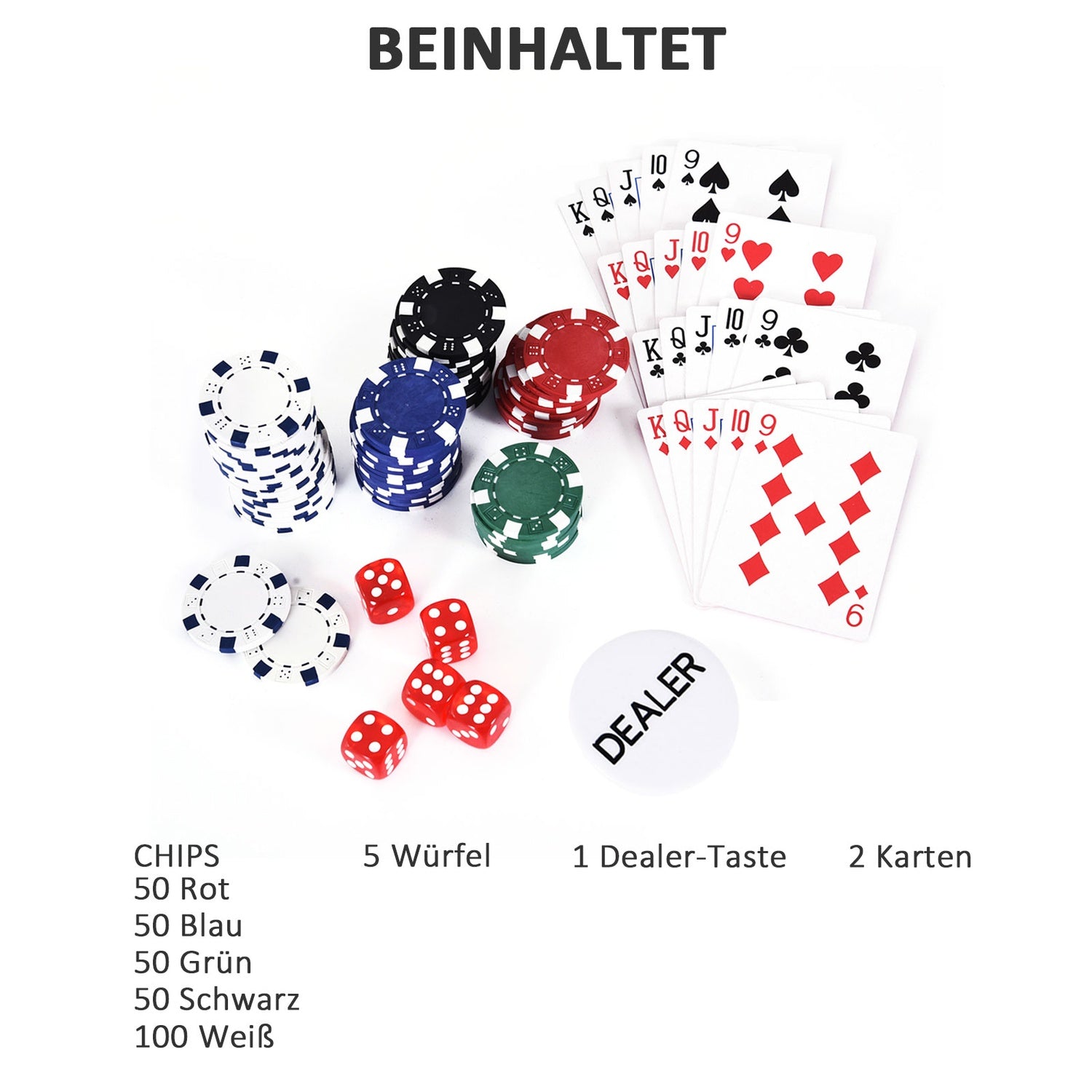 Pokerchipset – 300 marker, 2 kortlekar, 5 tärningar, aluminiumfodral