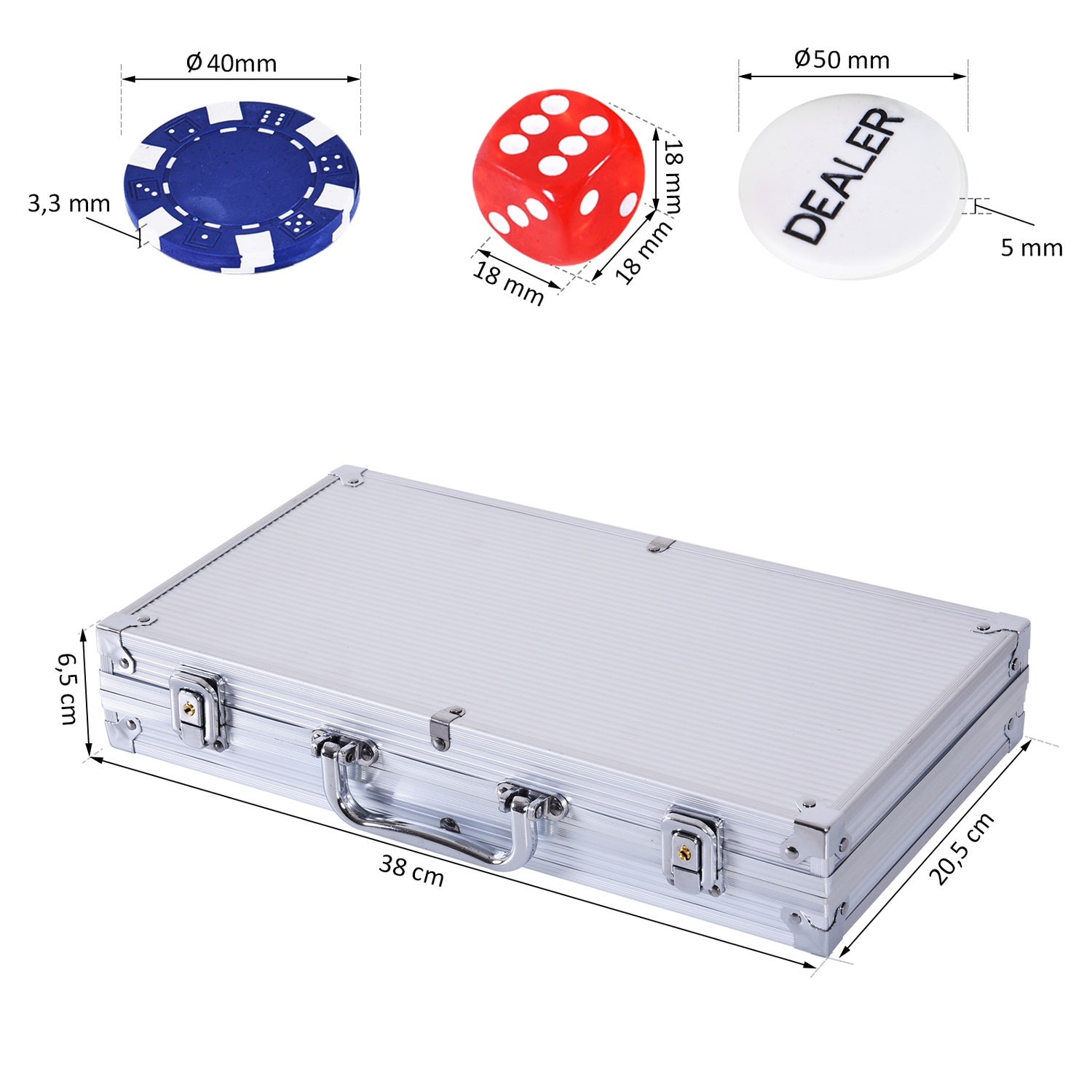 Pokerchipset – 300 marker, 2 kortlekar, 5 tärningar, aluminiumfodral