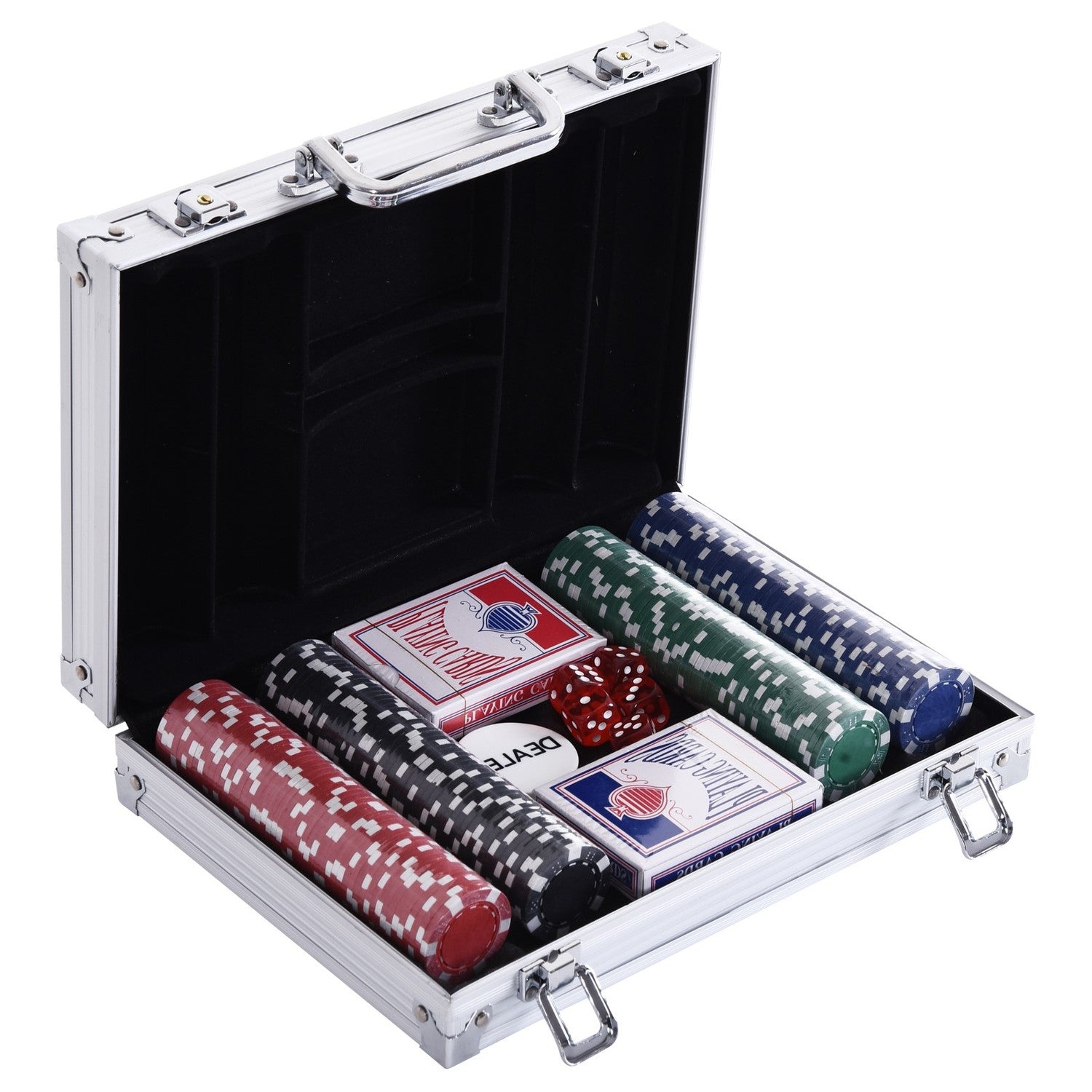 Pokersett med 200 sjetonger, kort og terninger i aluminiumsetui