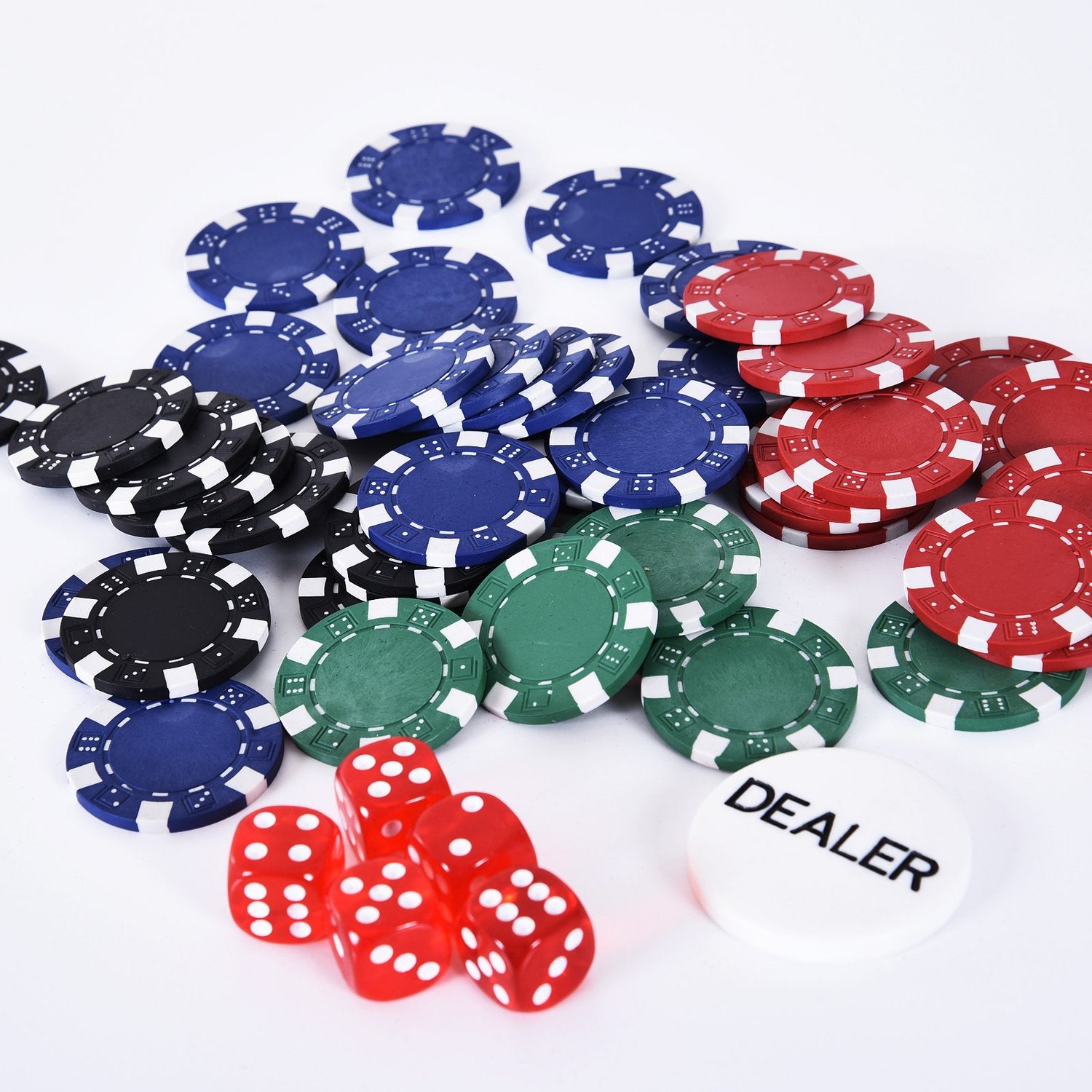 Pokersett med 200 sjetonger, kort og terninger i aluminiumsetui