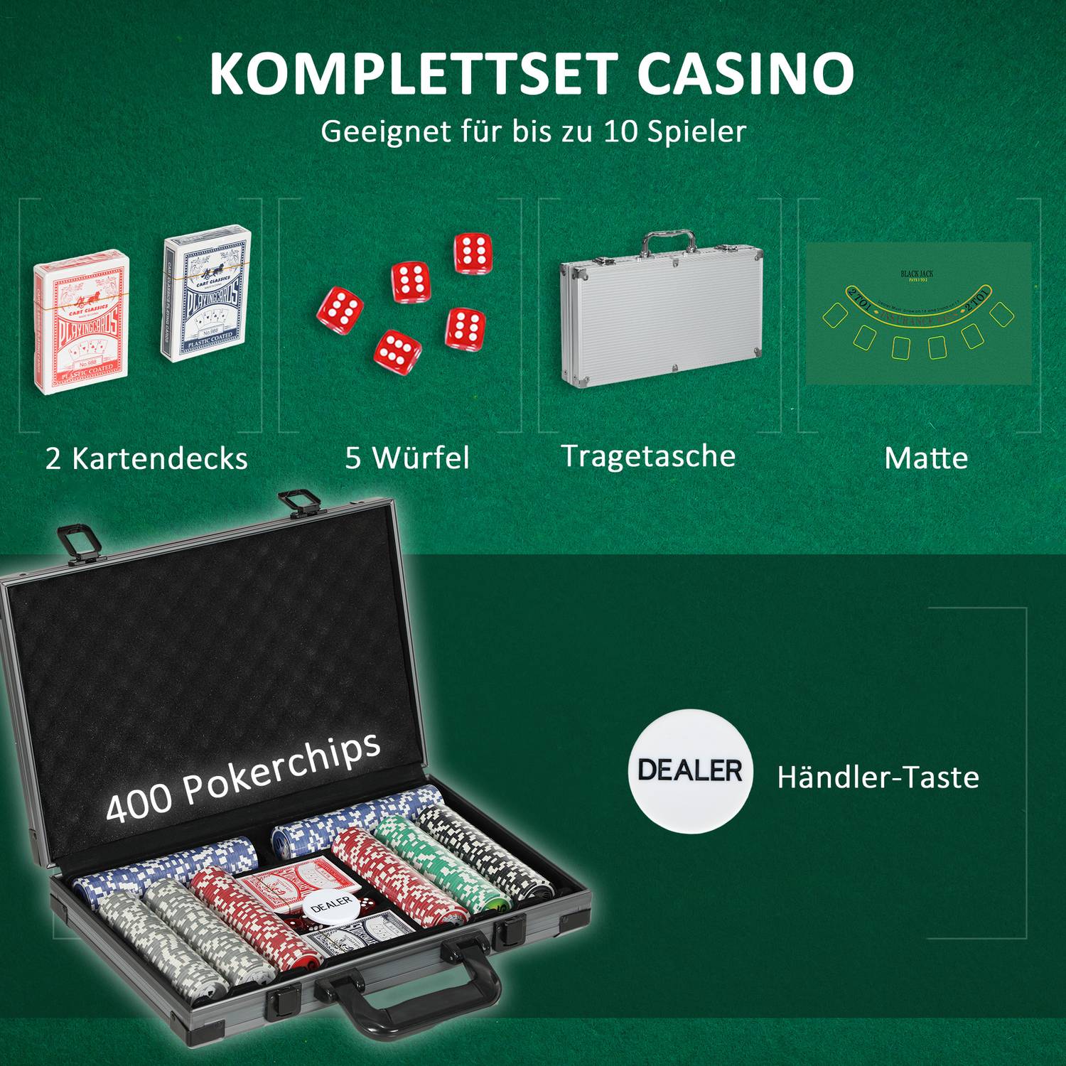Pokerset med 400 marker, lekmatta och aluminiumfodral