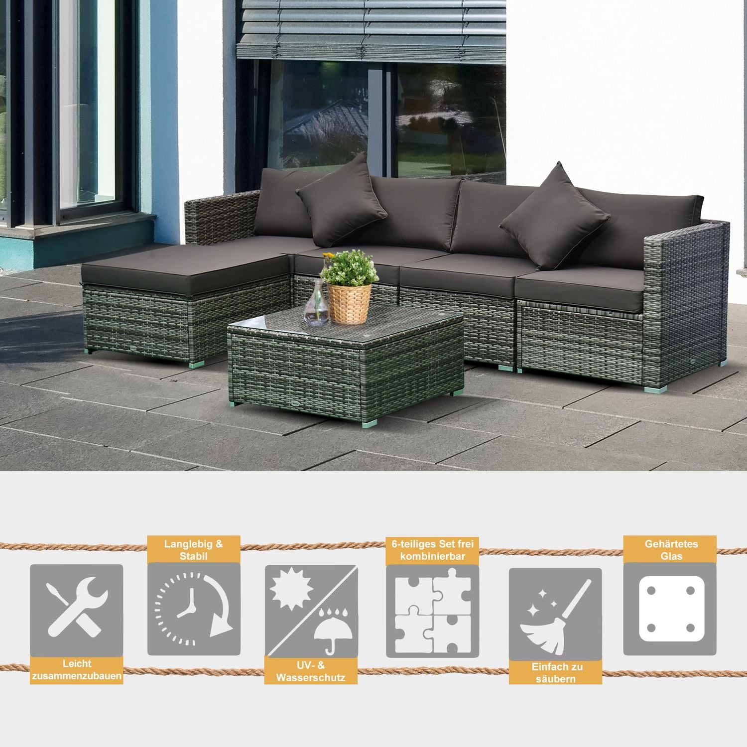 Polyrattan 4-personers utomhusmöbler set, grå
