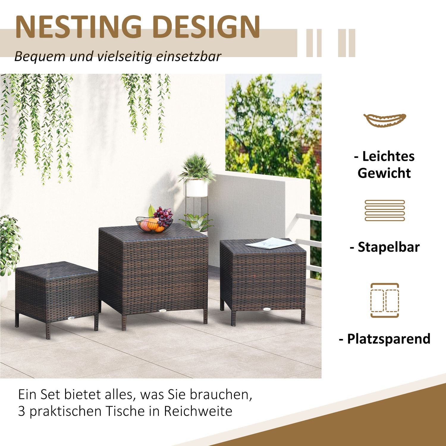 Polyrattan Set med 3 bruna soffbord, olika storlekar