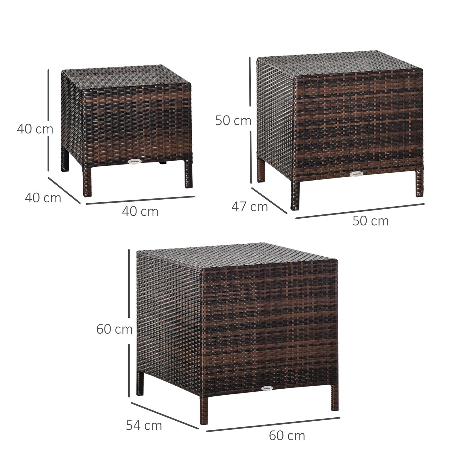 Polyrattan Set med 3 bruna soffbord, olika storlekar