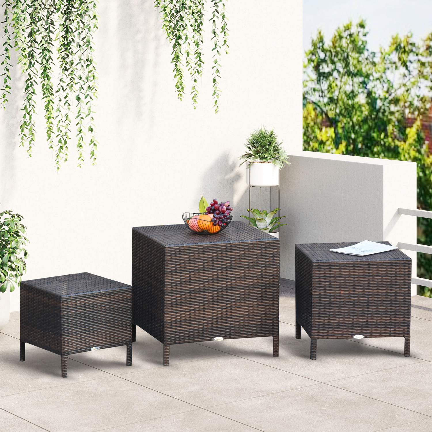 Polyrattan Set med 3 bruna soffbord, olika storlekar