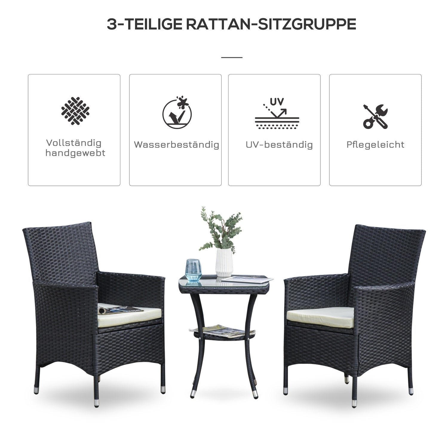 Polyrattan trädgårdsbalkongsittset för 2, svart
