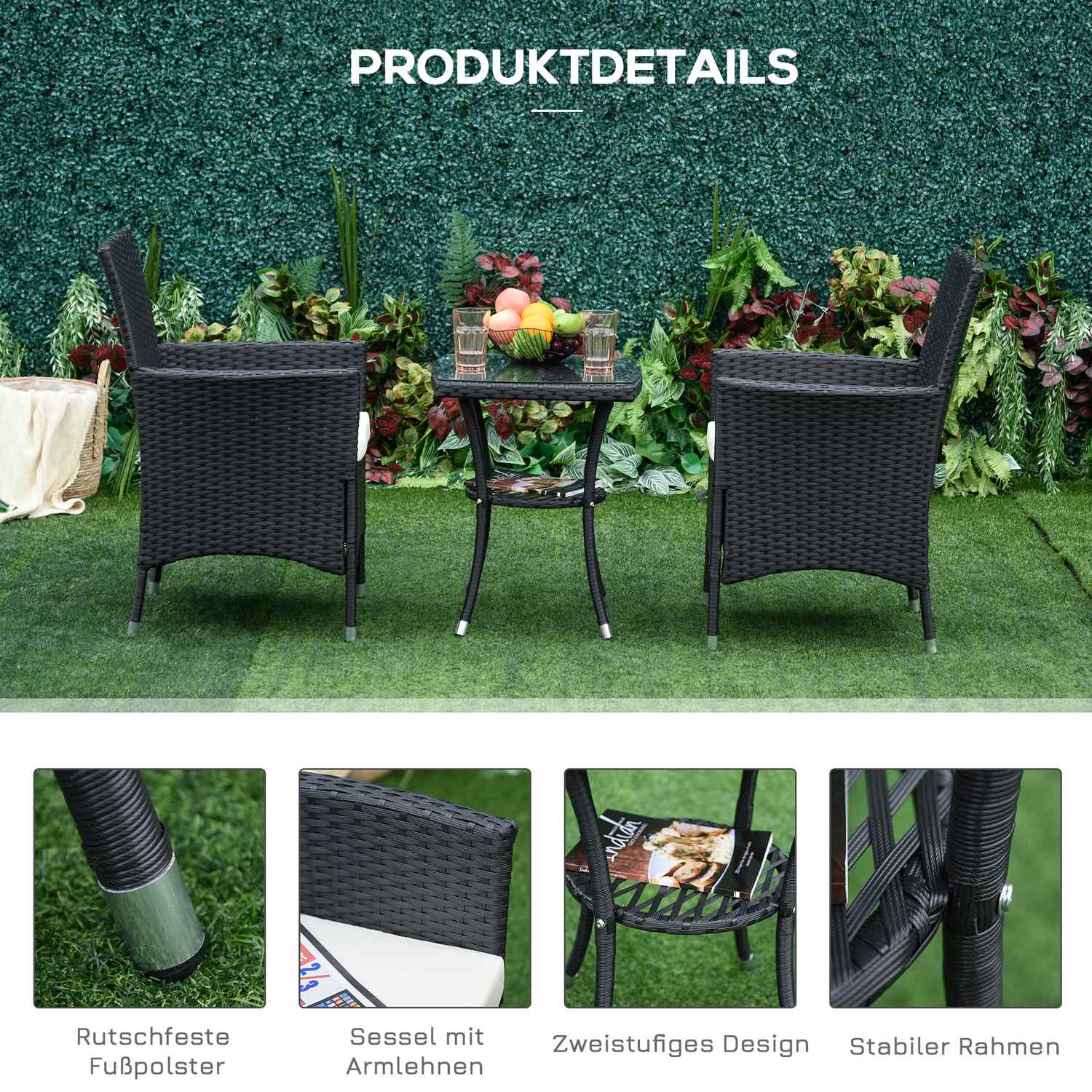 Polyrattan trädgårdsbalkongsittset för 2, svart