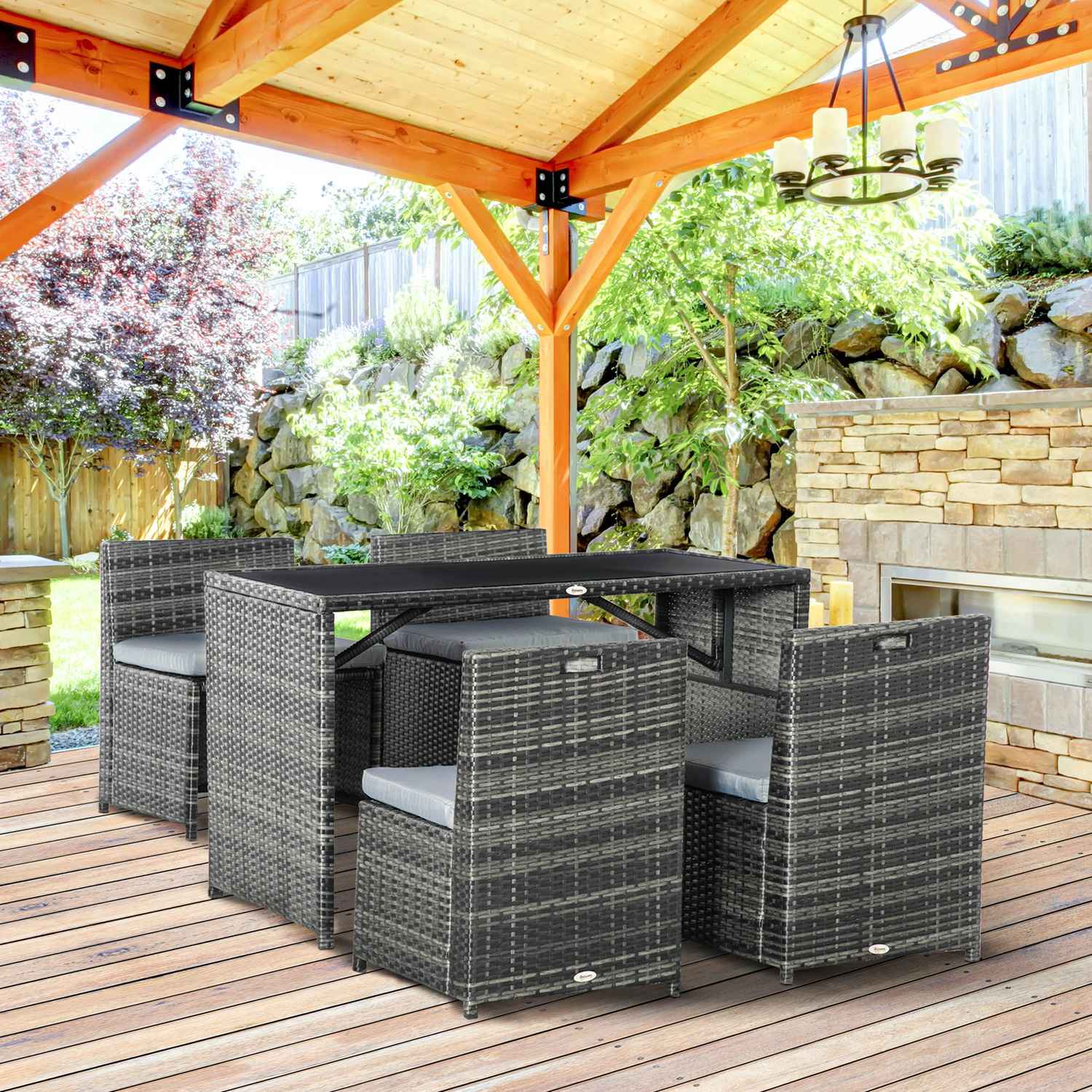 Polyrattan uteserveringsset för 4, Stålstomme, Grå