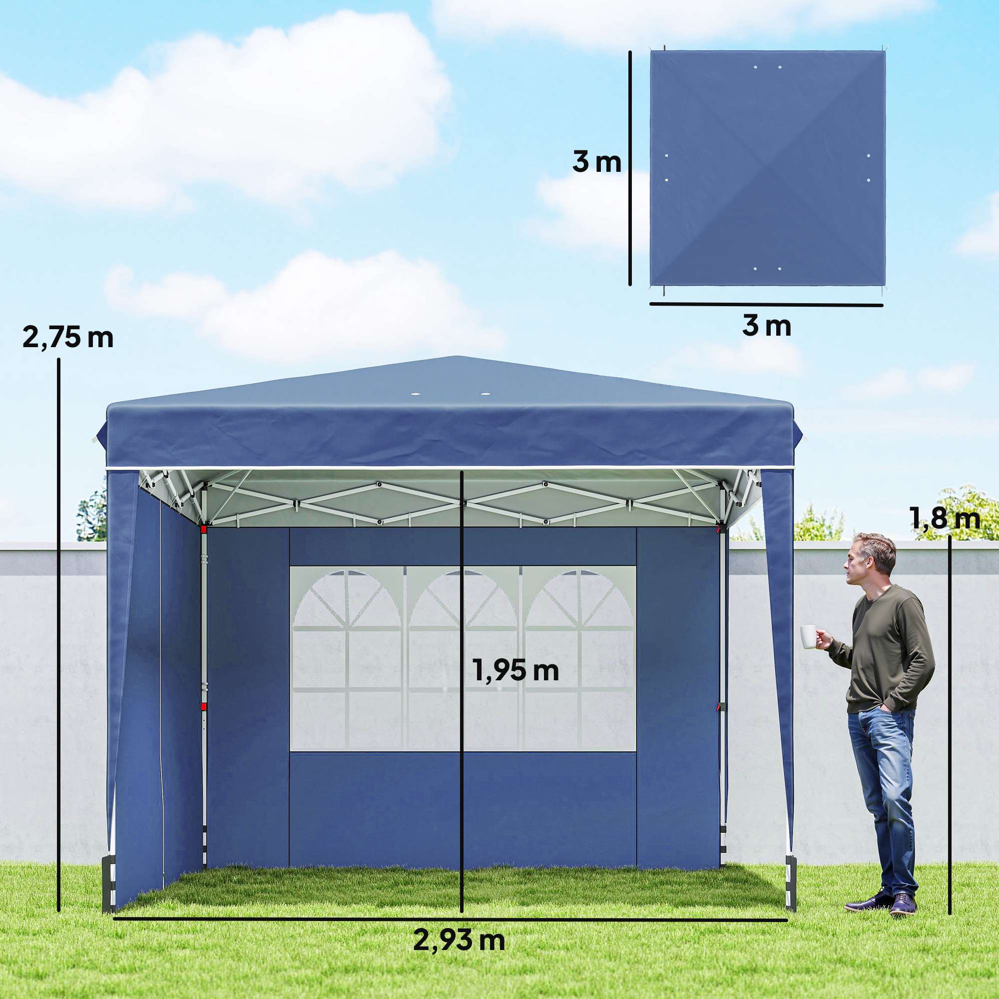 Pop-up-paviljong 3x3m, vattentät, justerbar höjd, blå