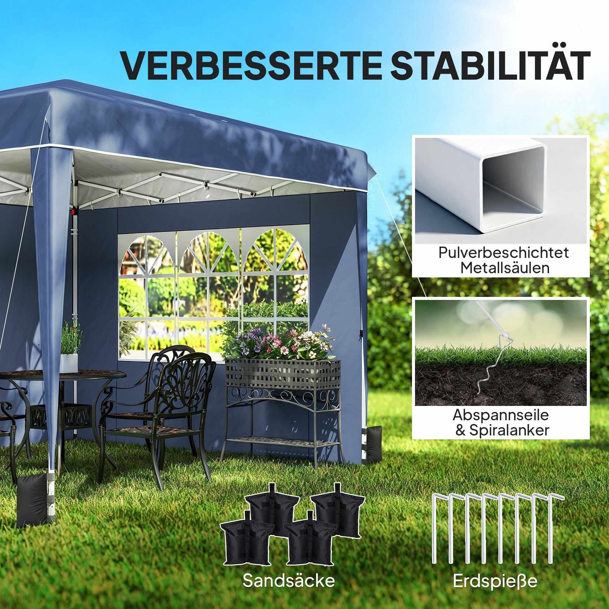 Pop-up-paviljong 3x3m, vattentät, justerbar höjd, blå