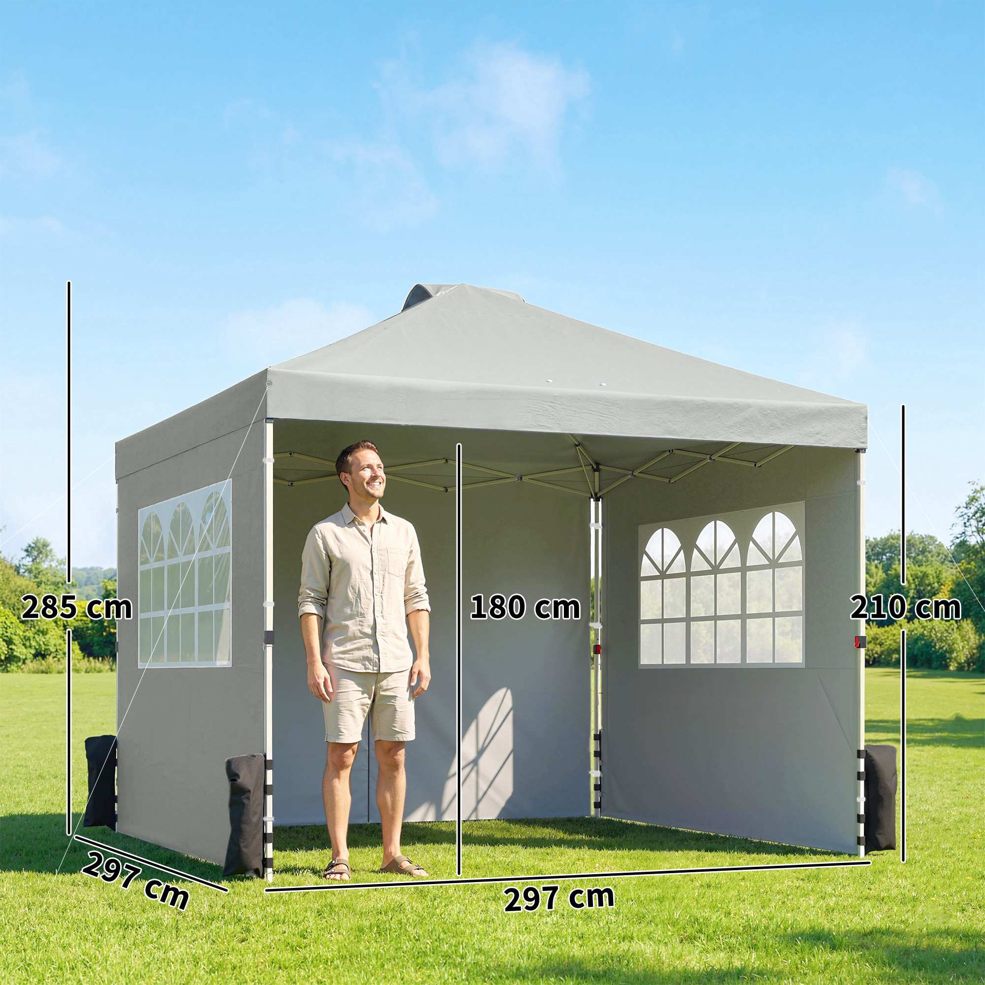 Pop-up-paviljong, UV50+ vattentät, 3 sidoväggar, ljusgrå