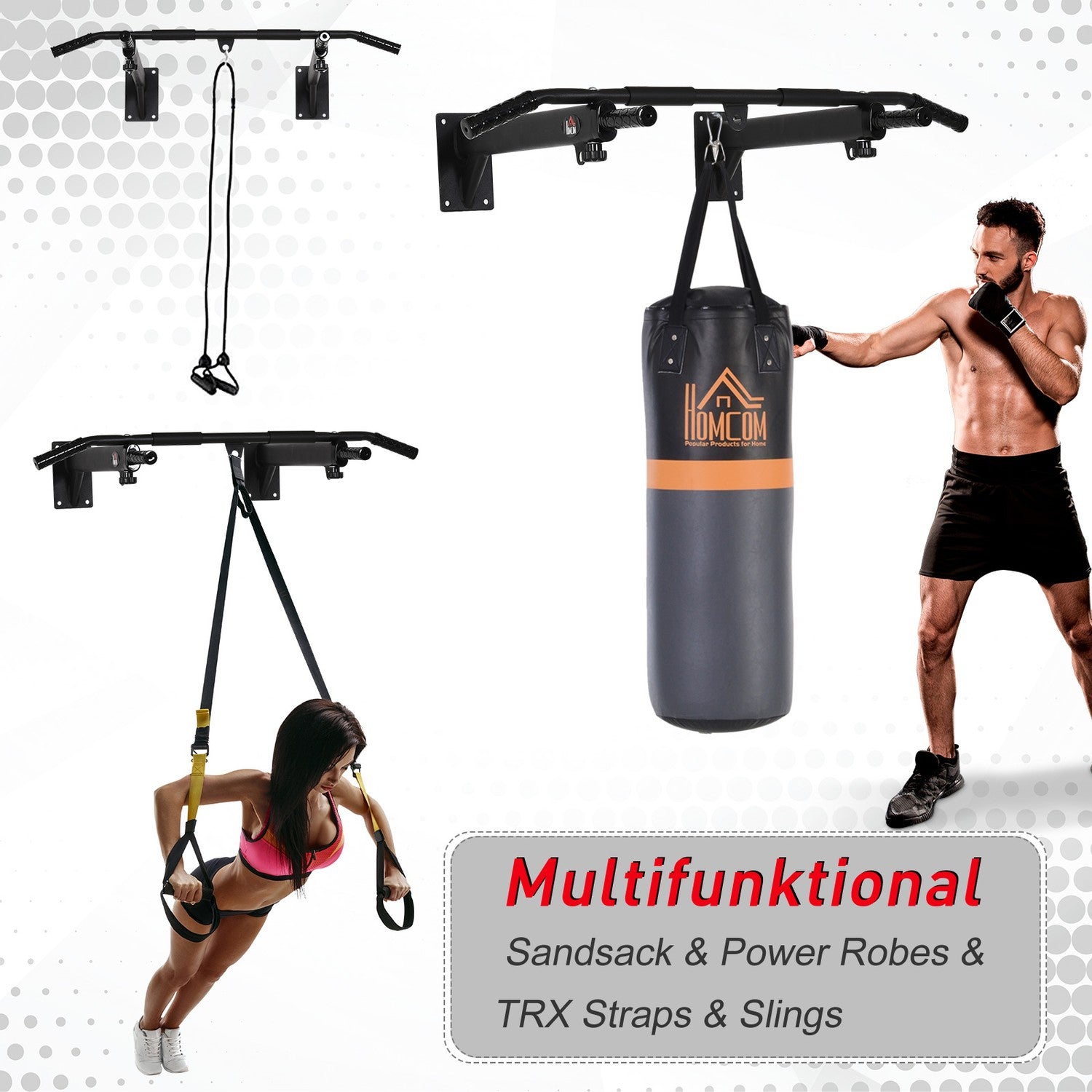 Väggmonterad Pull-Up Bar med öglor för boxningssäck, stål