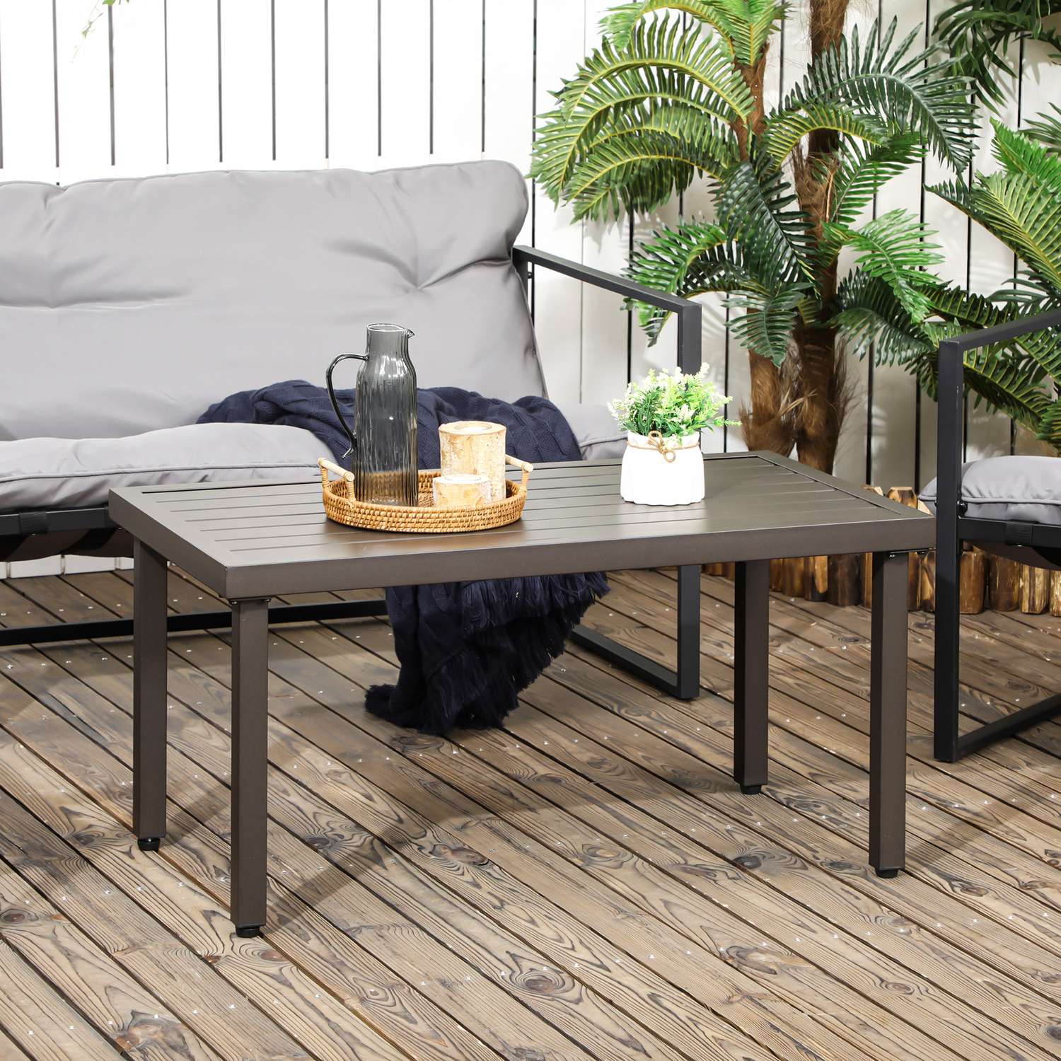 Rektangulärt soffbord i stål – Trälook, 91x51x46 cm