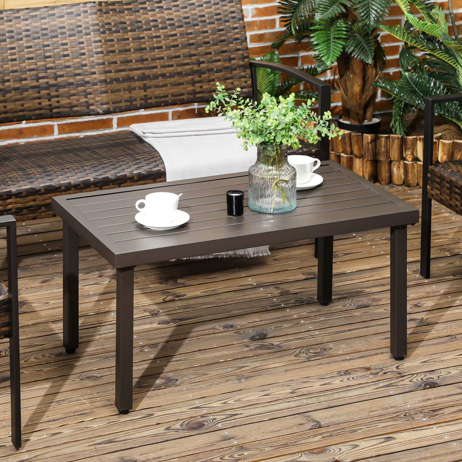 Rektangulärt soffbord i stål – Trälook, 91x51x46 cm