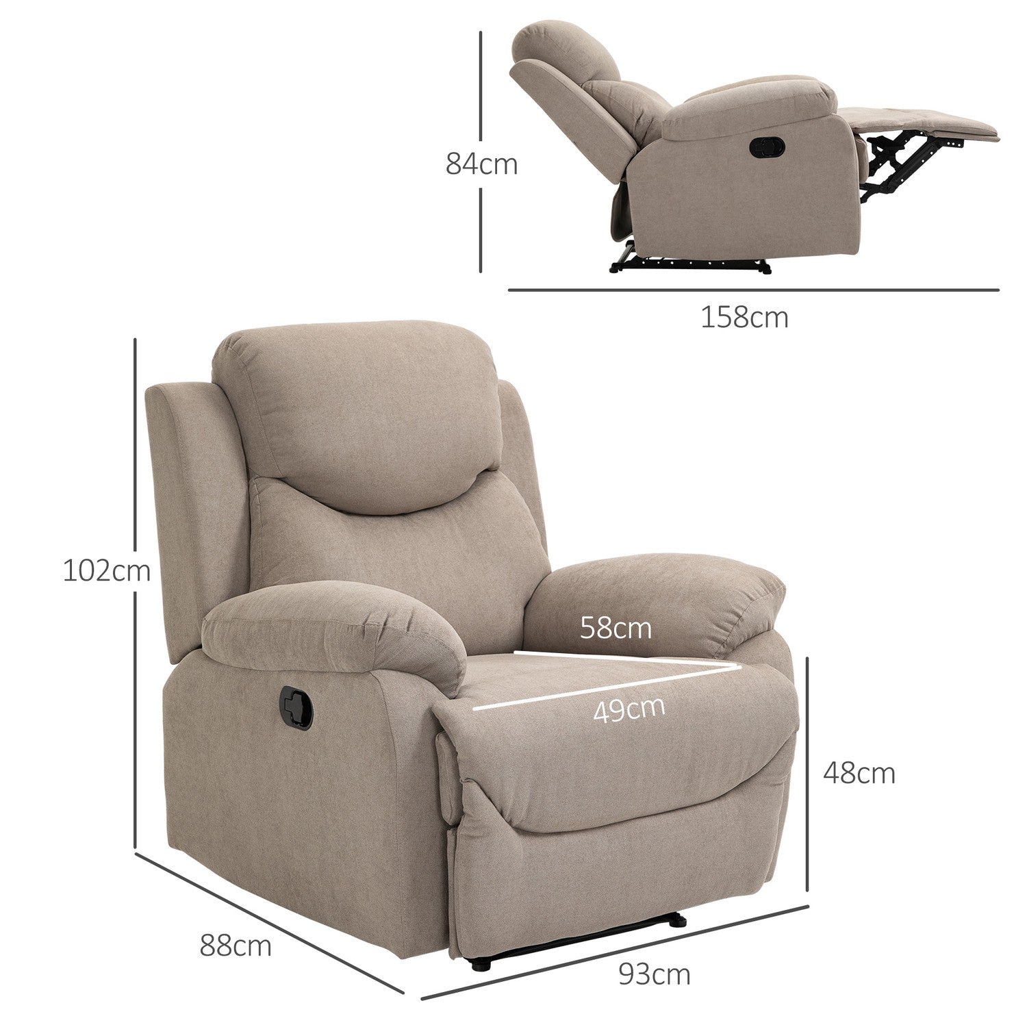 Beige loungestol med 150° lutning, linnelook