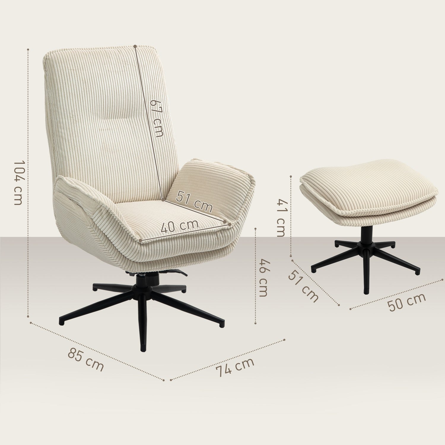 Liggstol Beige med 360° vridbar och pall