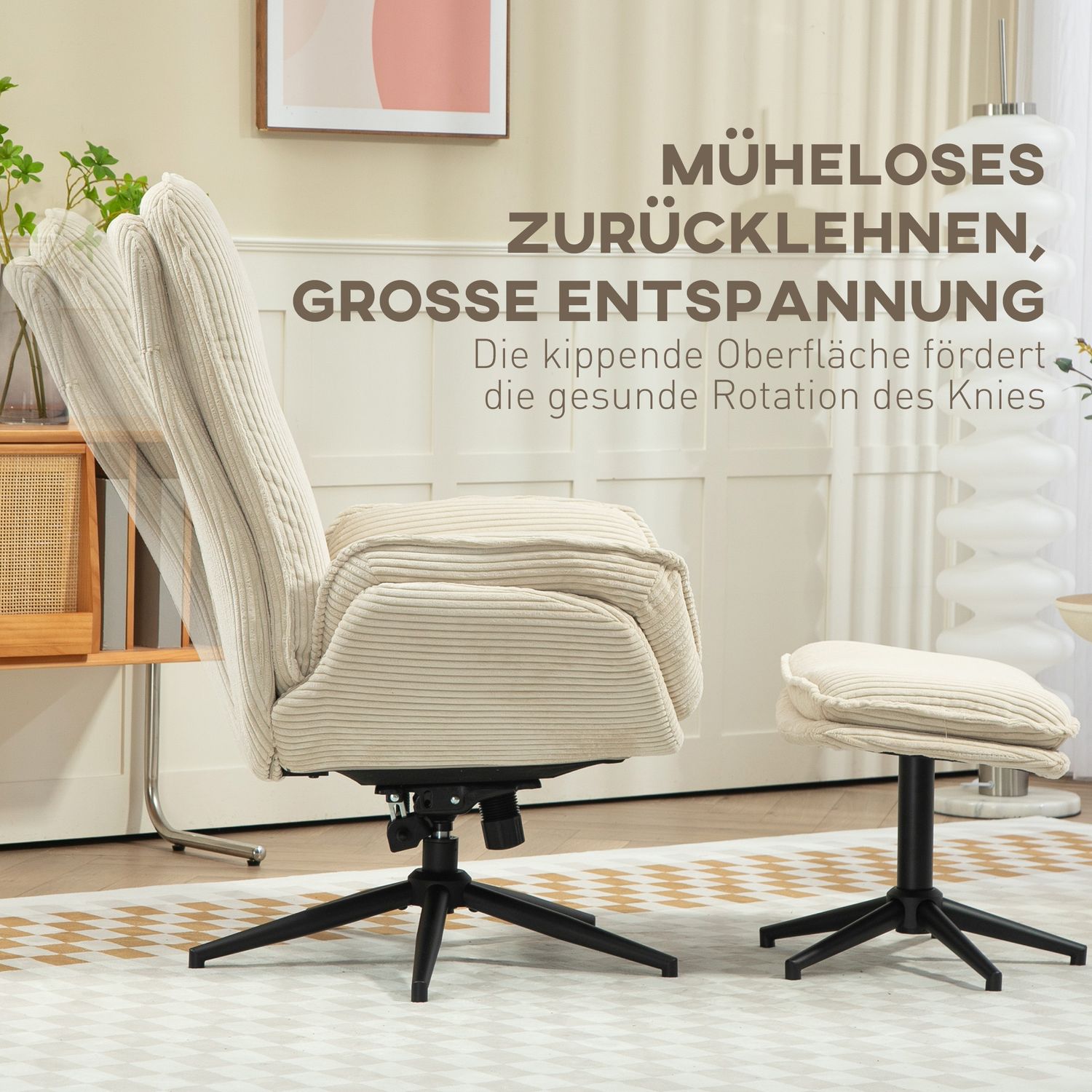 Liggstol Beige med 360° vridbar och pall