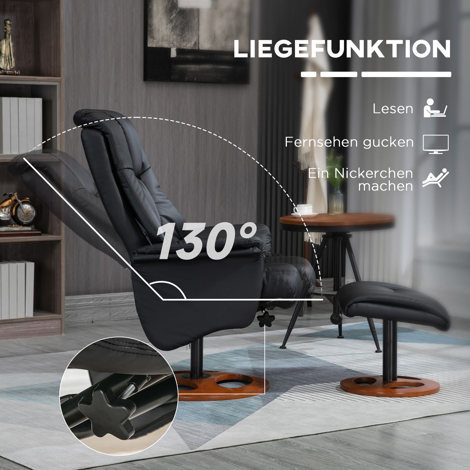 Elektrisk vilstol med pall, 130° lutning, svart konstläder