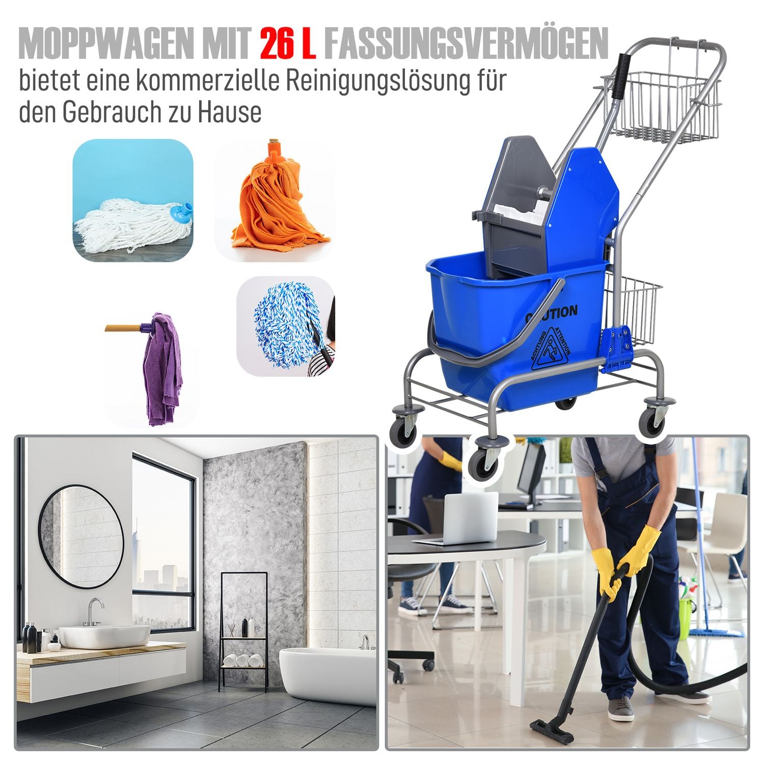 Rengöringsvagn med press, 26L hink + förvaringskorg