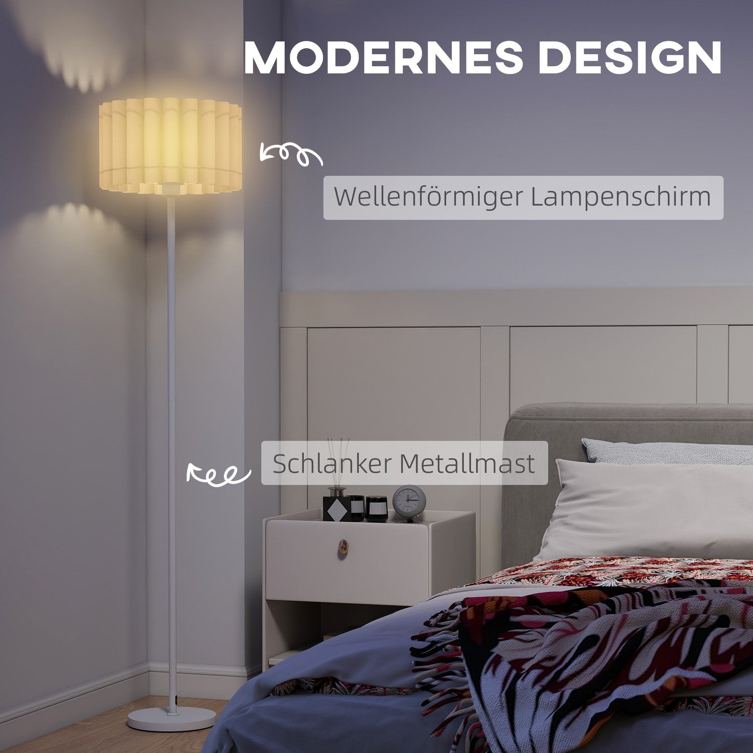 Retro golvlampa, plastskärm, fotkontakt, vit
