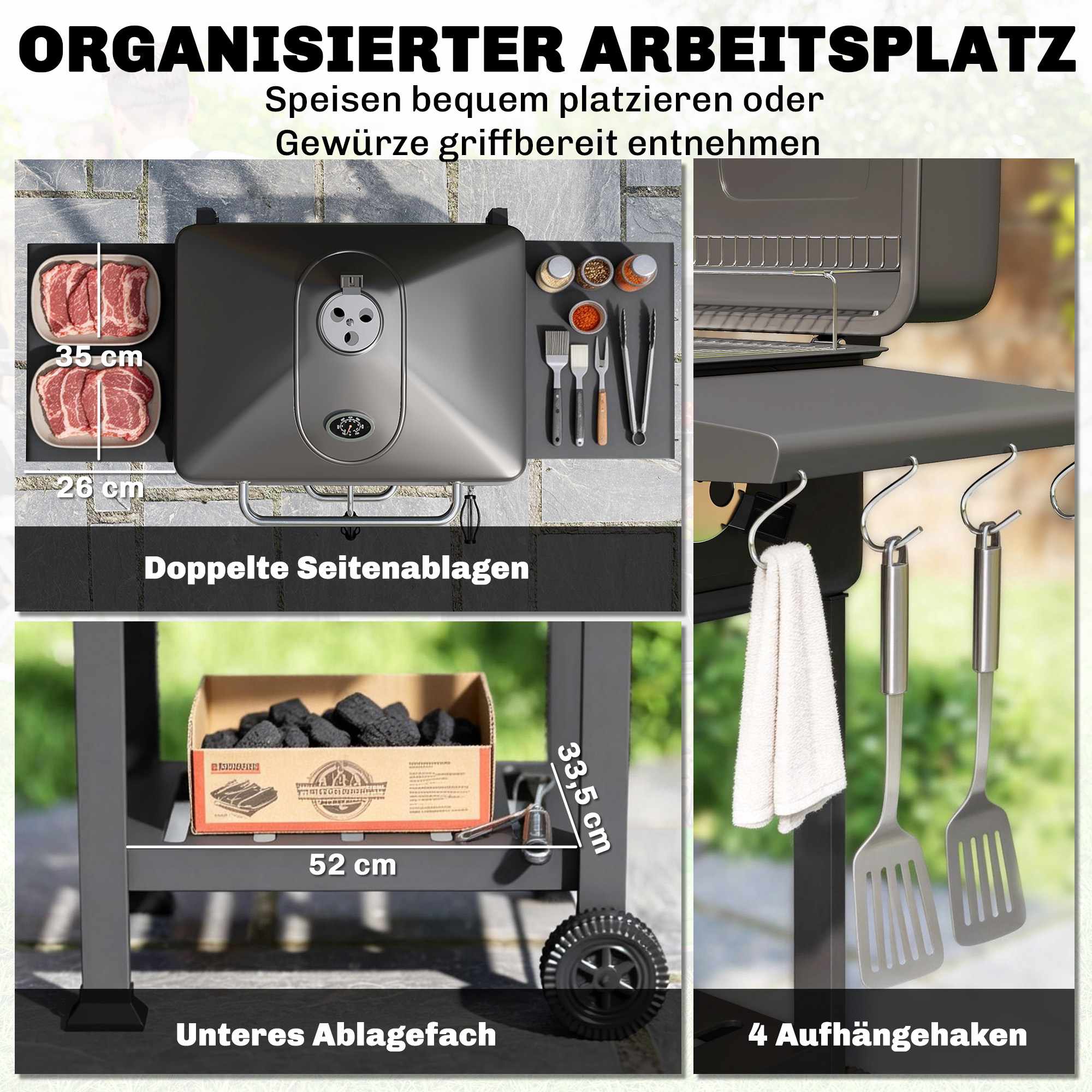 Rökgrill med kolgrill och termometer, justerbart galler
