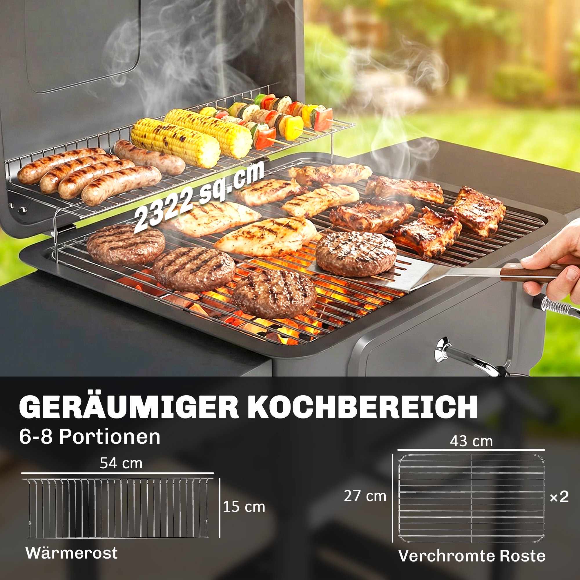 Rökgrill med kolgrill och termometer, justerbart galler