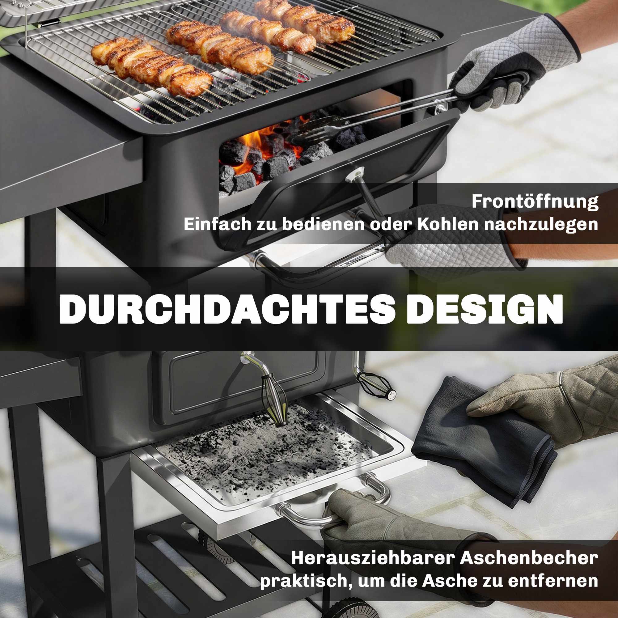 Rökgrill med kolgrill och termometer, justerbart galler