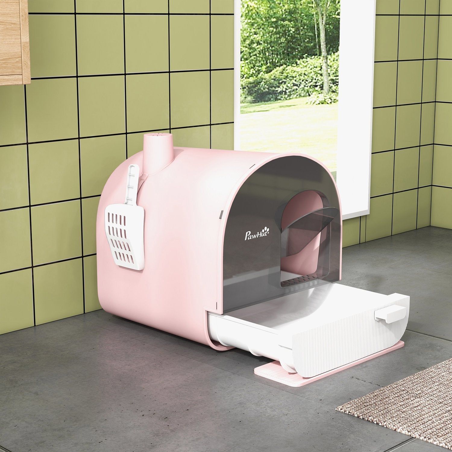 Rosa kattsandlåda med utdragbar bricka och matta, 5 kg kapacitet