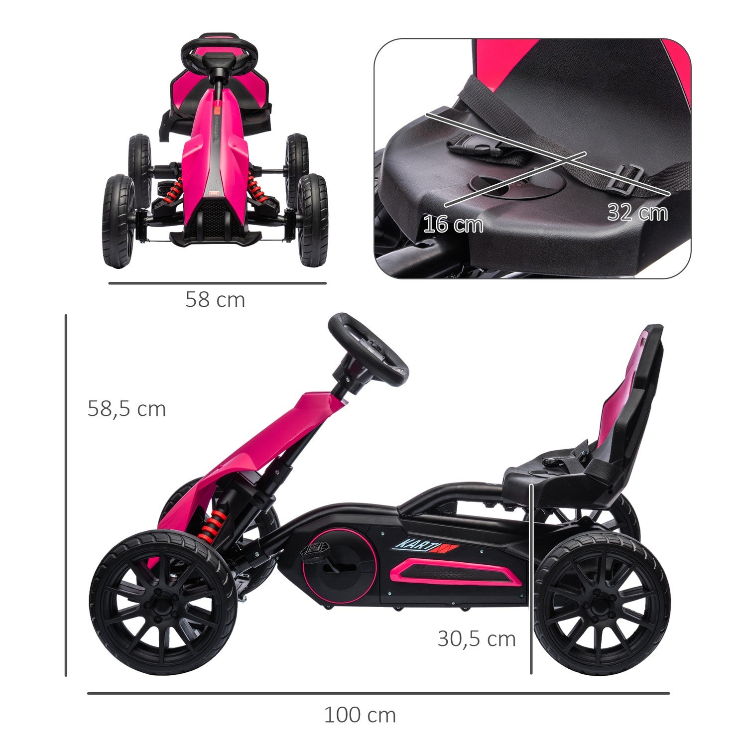 Rosa pedal gokart för barn 3-8 år, handbroms & justerbar sits