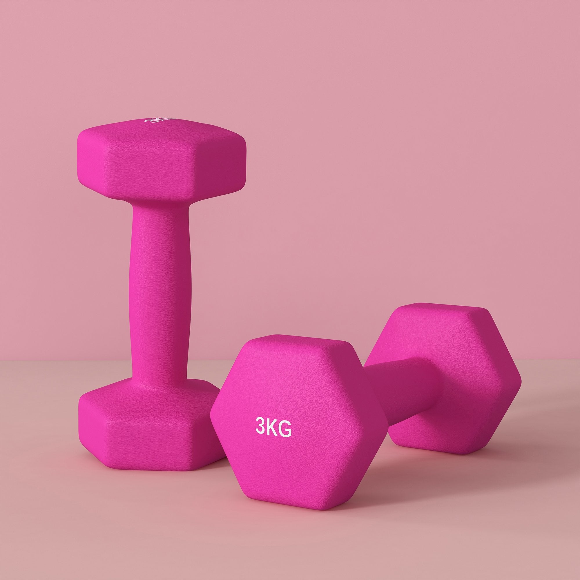 Rosa sexkantshantelset, 2 x 3 kg, halkfri, golvsäker