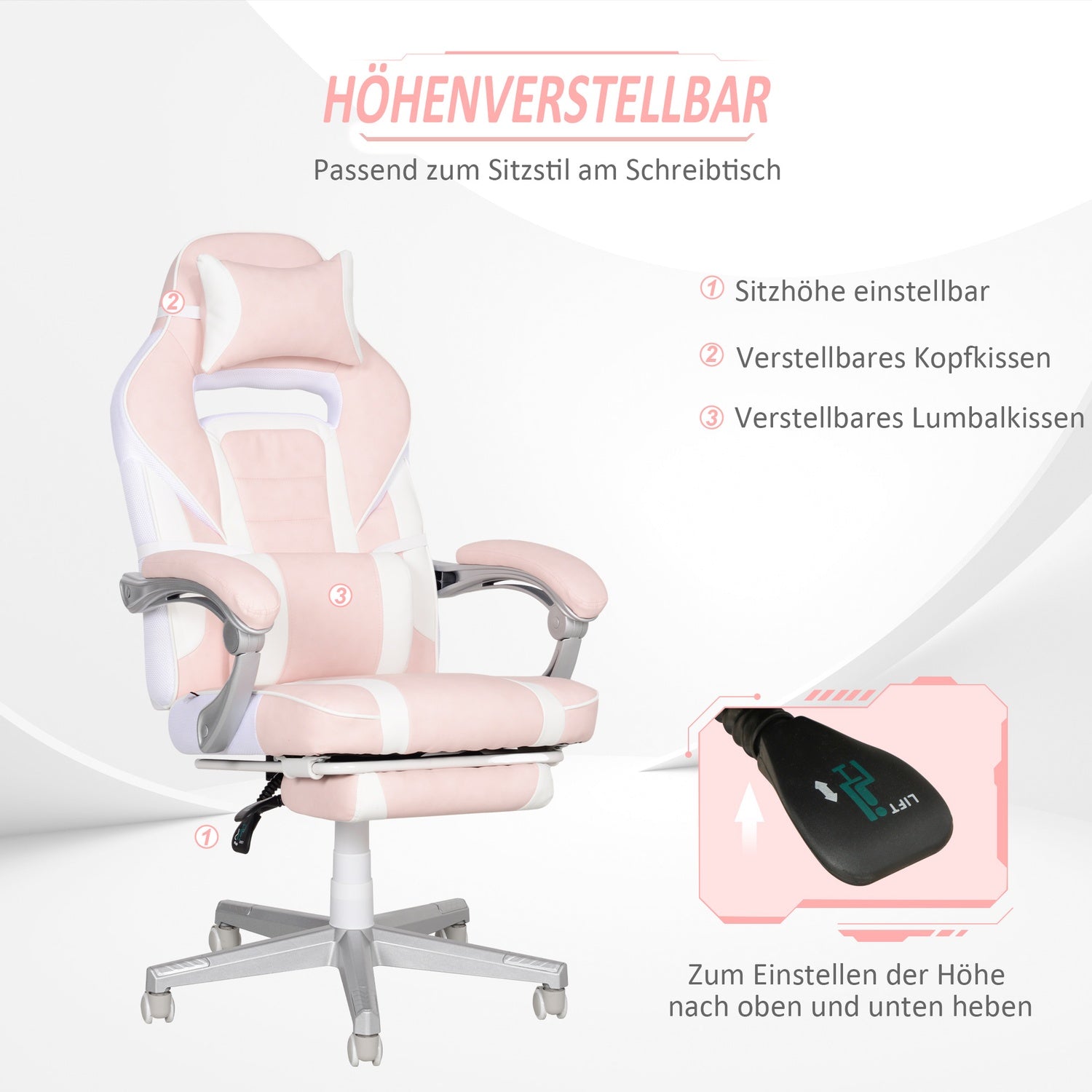 Rosa spelstol med fotstöd och justerbara kuddar