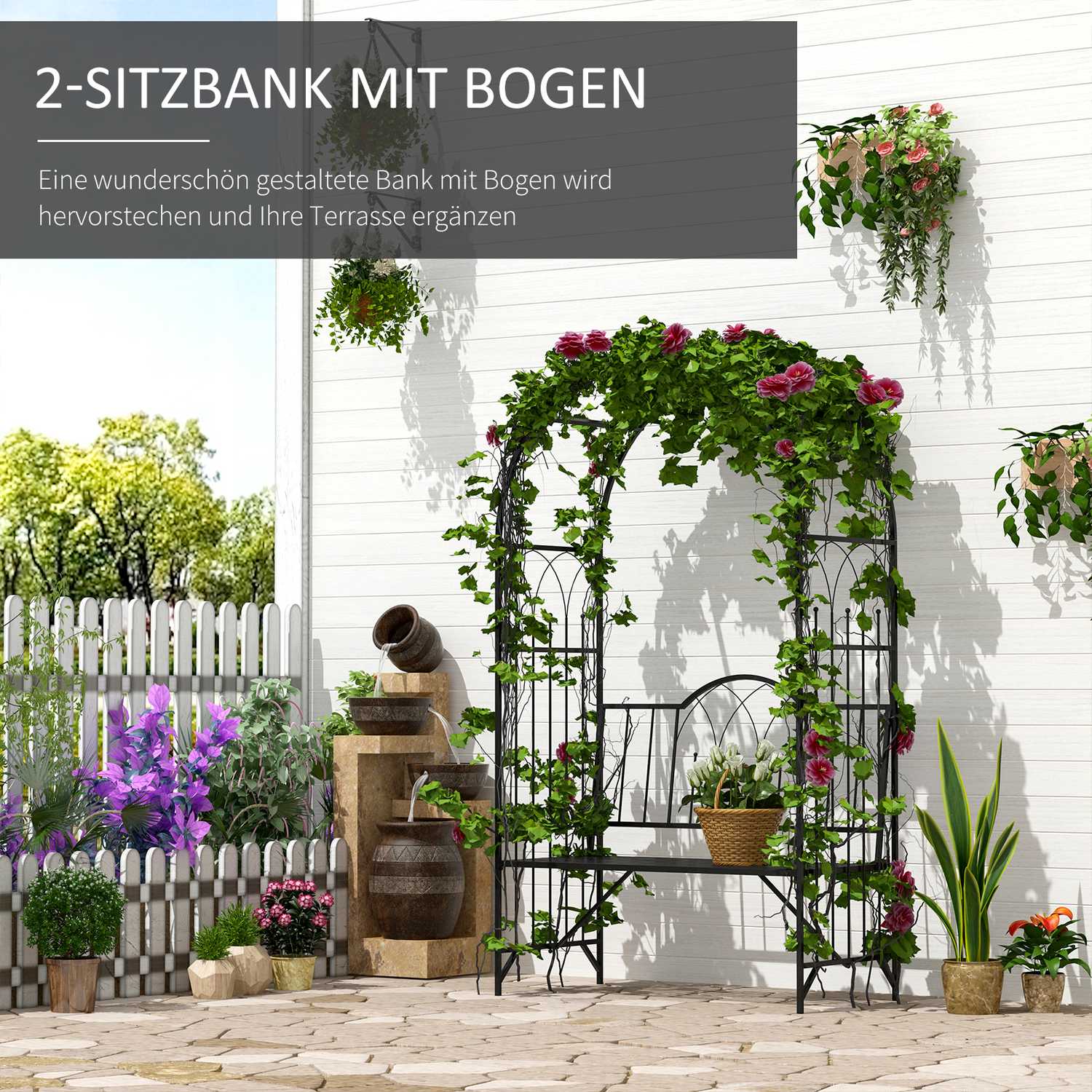Trädgårdsbåge i metall med bänk – Svart, 121 x 50 x 203 cm