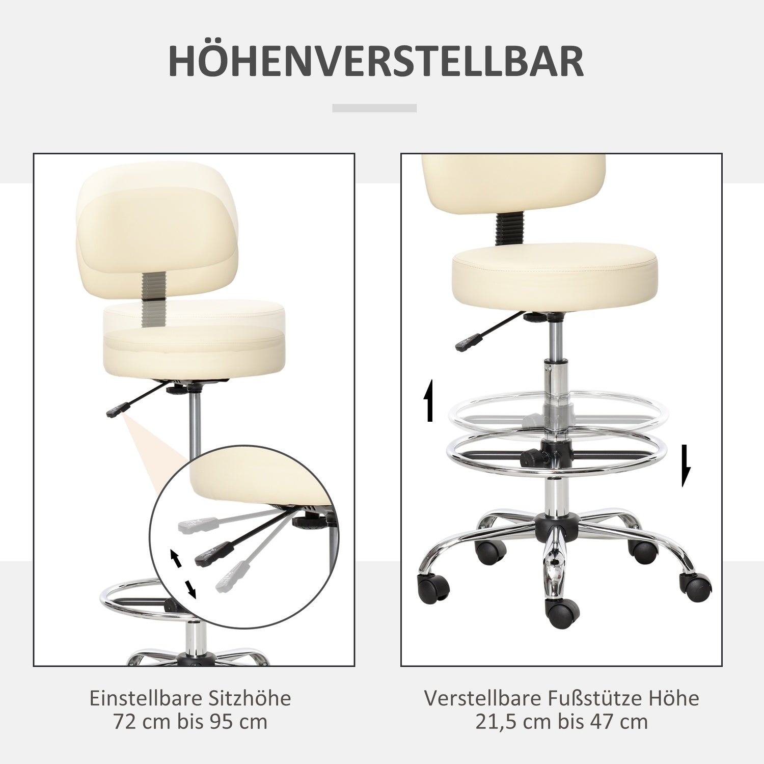 Justerbar beige PU pall med ryggstöd – 56x57x104-127cm
