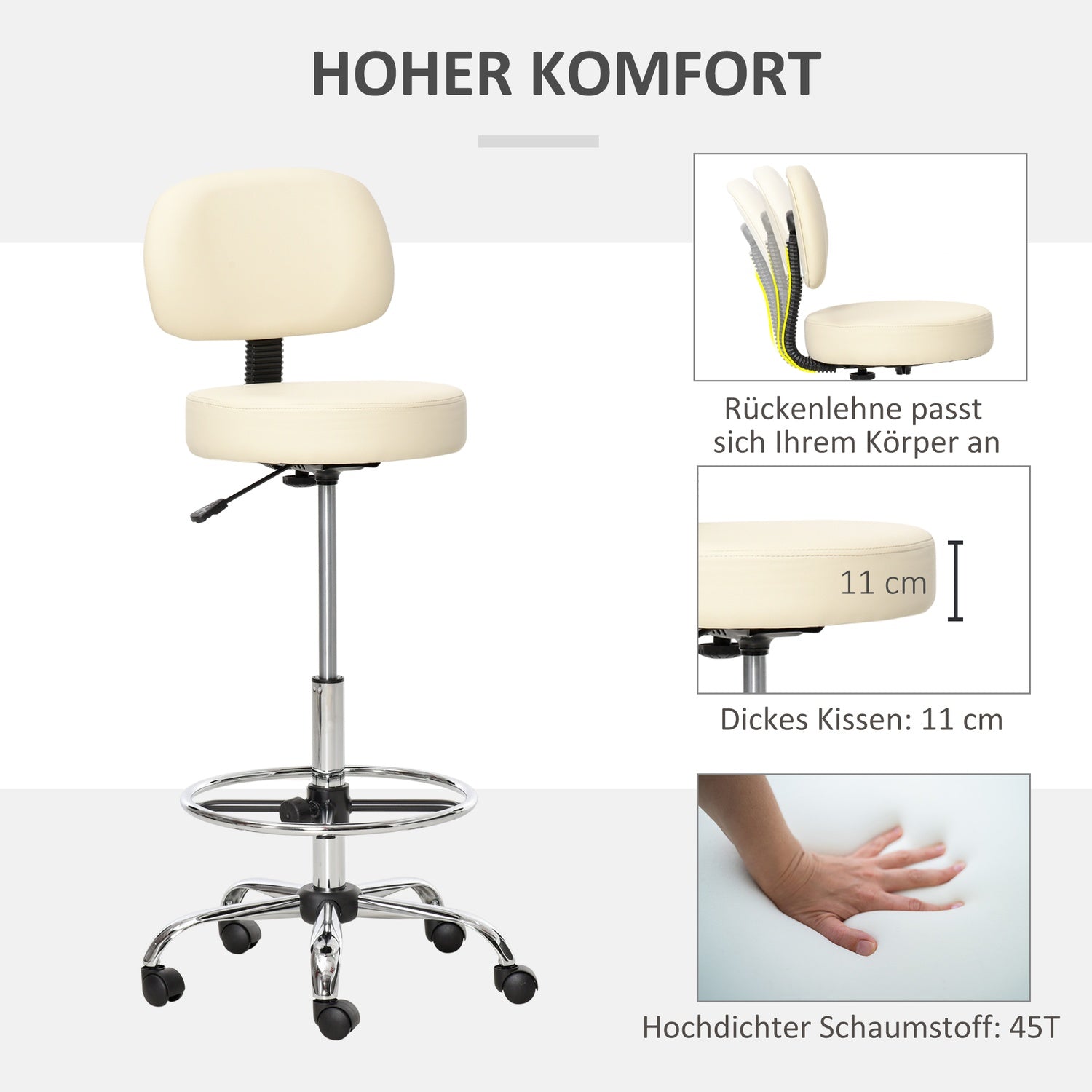 Justerbar beige PU pall med ryggstöd – 56x57x104-127cm