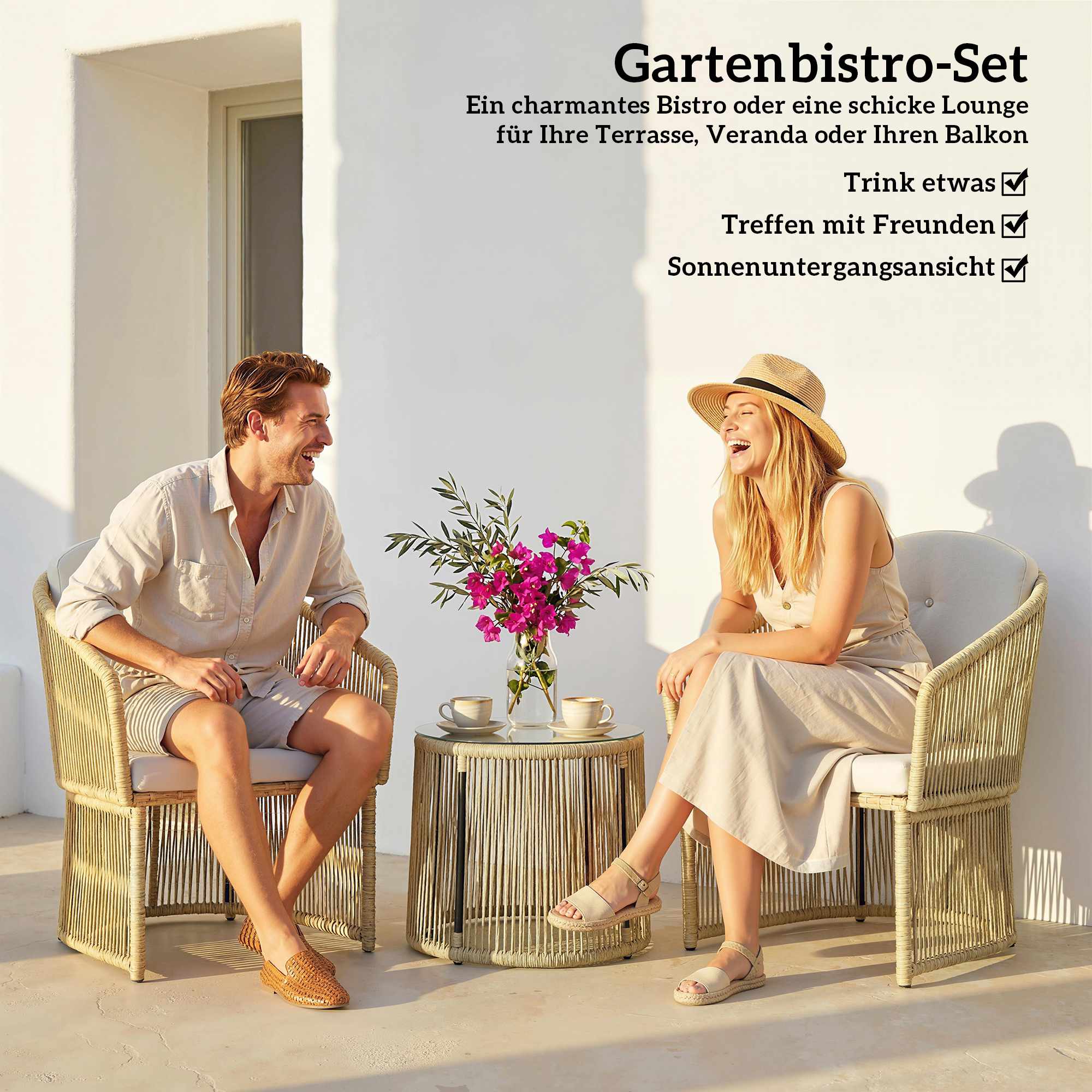 Rotting bistroset med kuddar – bord och 2 stolar